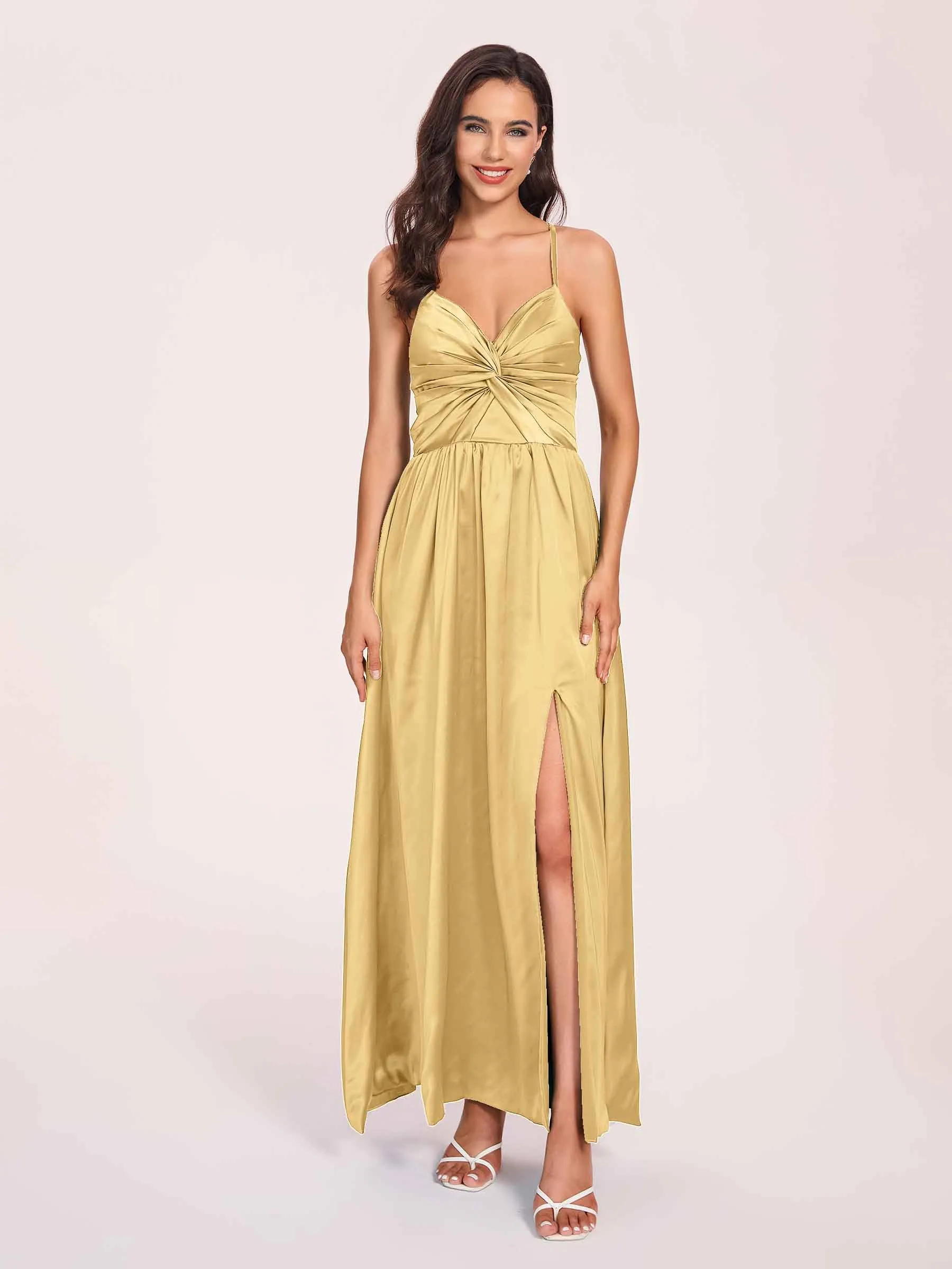 Satin Spaghetti Straps A-line Prom Dresses Side Slit Floor Length