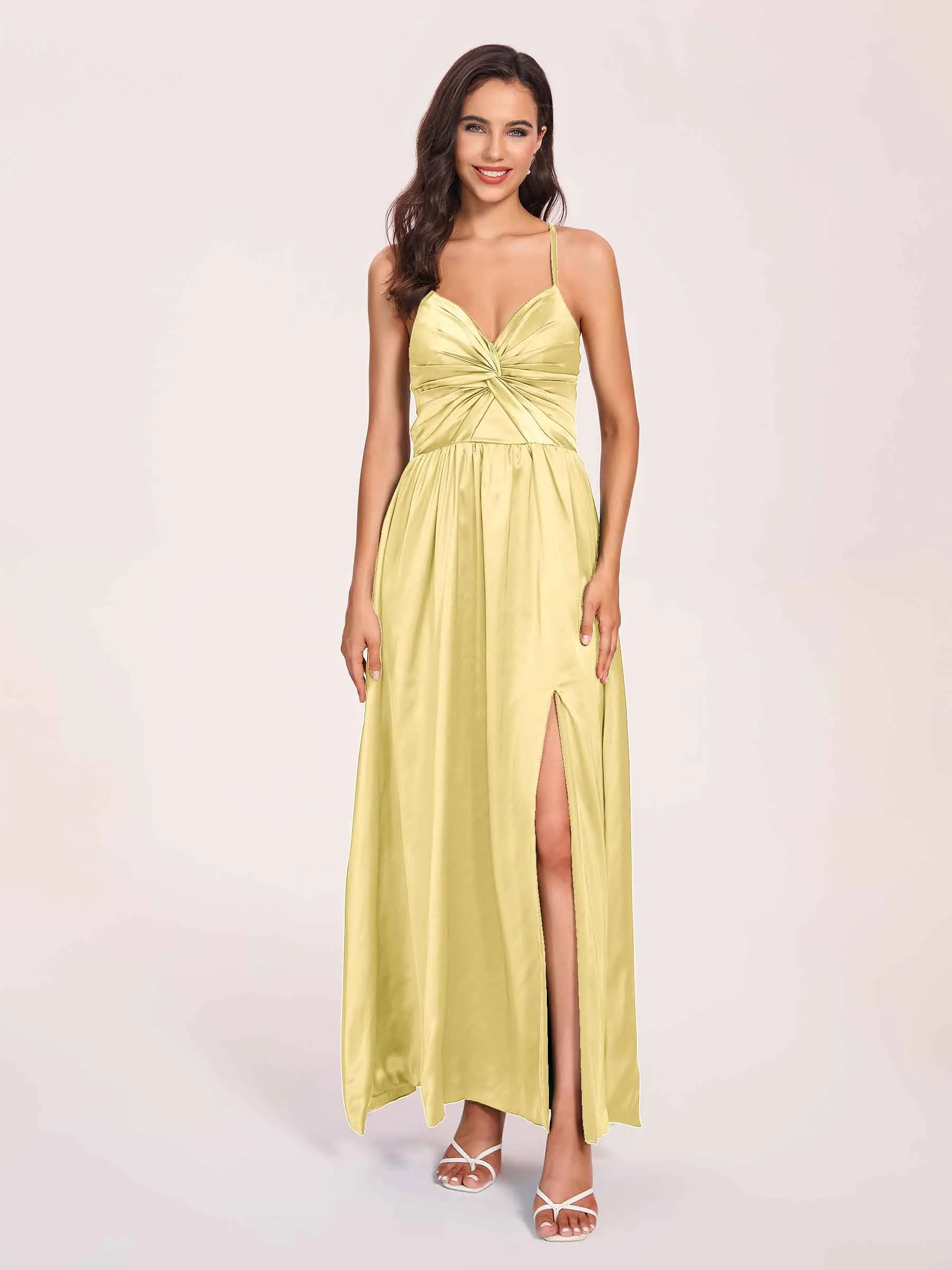 Satin Spaghetti Straps A-line Prom Dresses Side Slit Floor Length