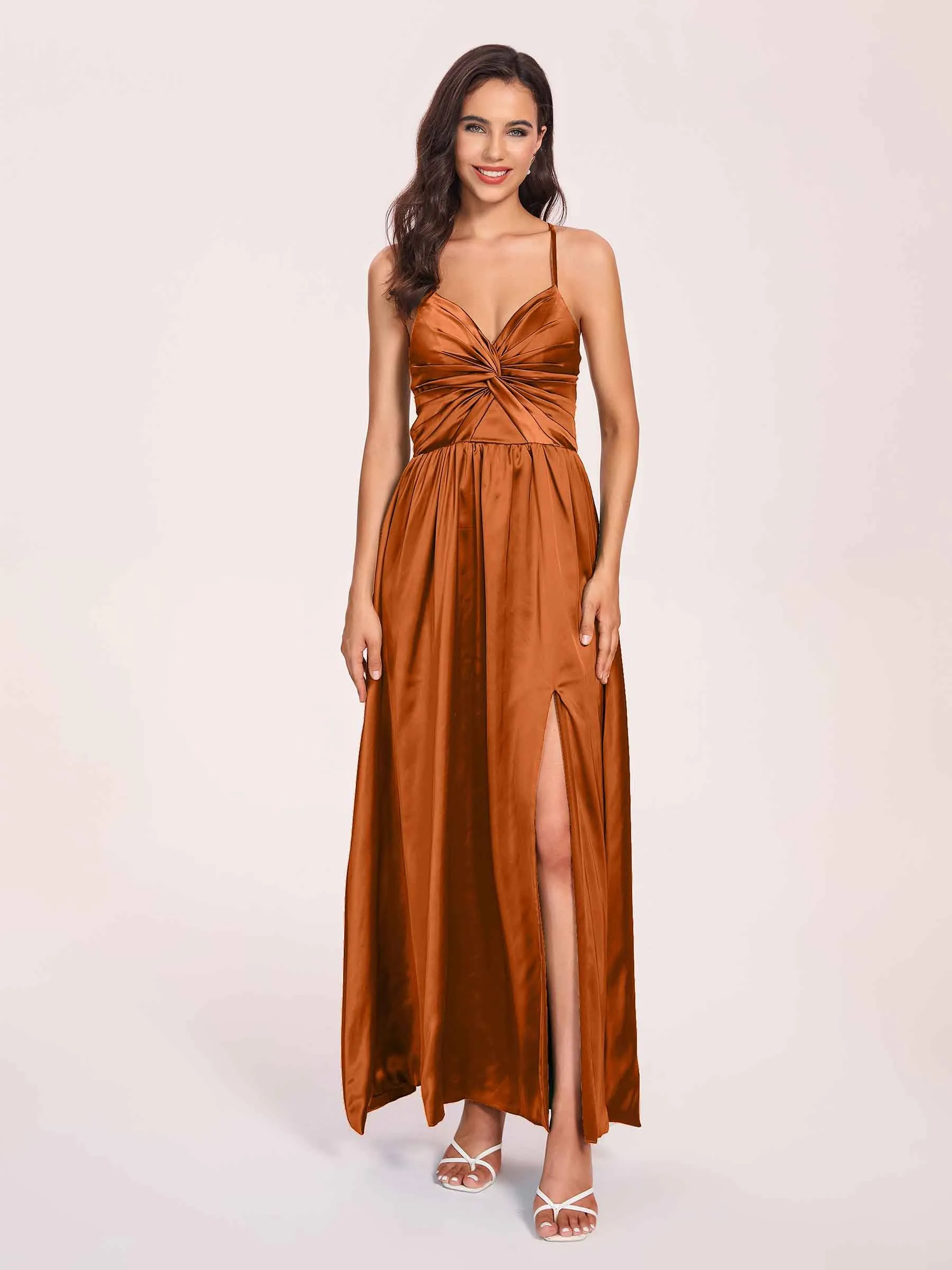 Satin Spaghetti Straps A-line Prom Dresses Side Slit Floor Length