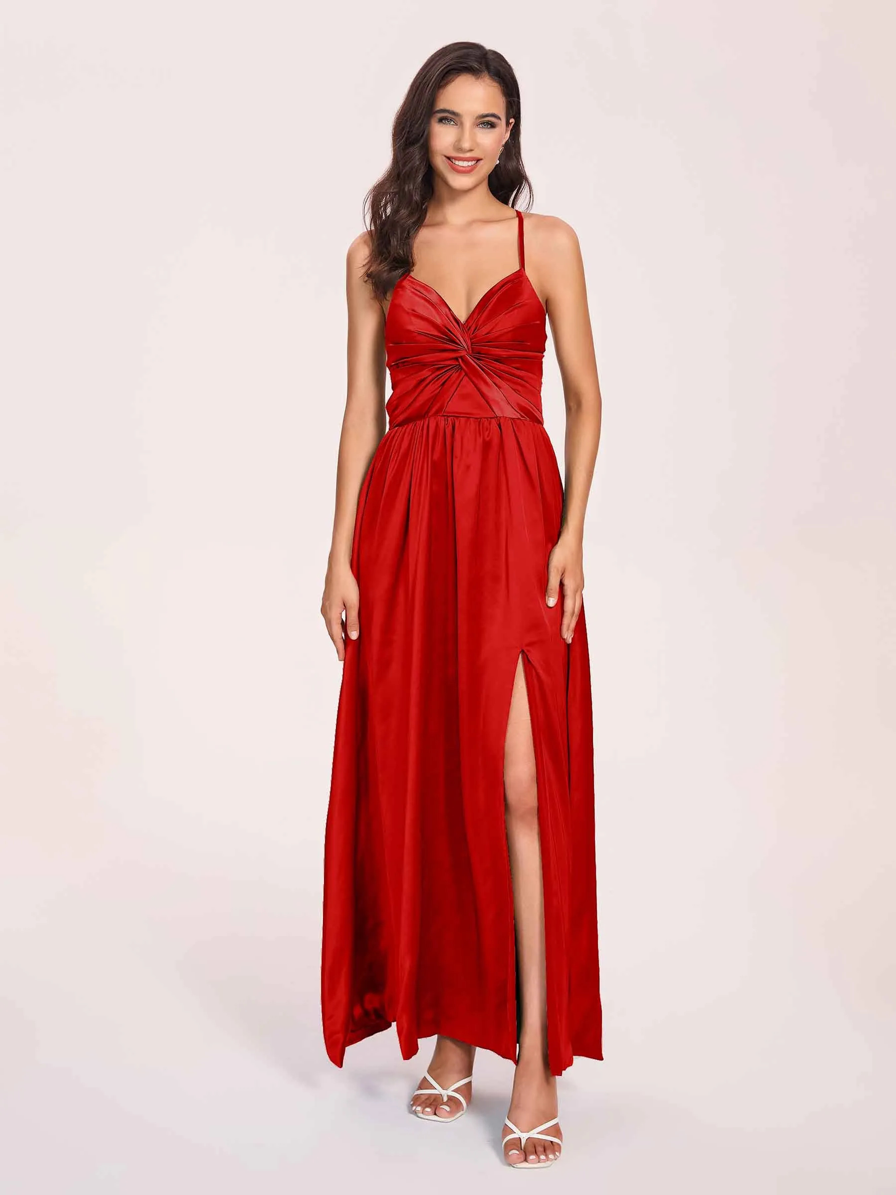 Satin Spaghetti Straps A-line Prom Dresses Side Slit Floor Length