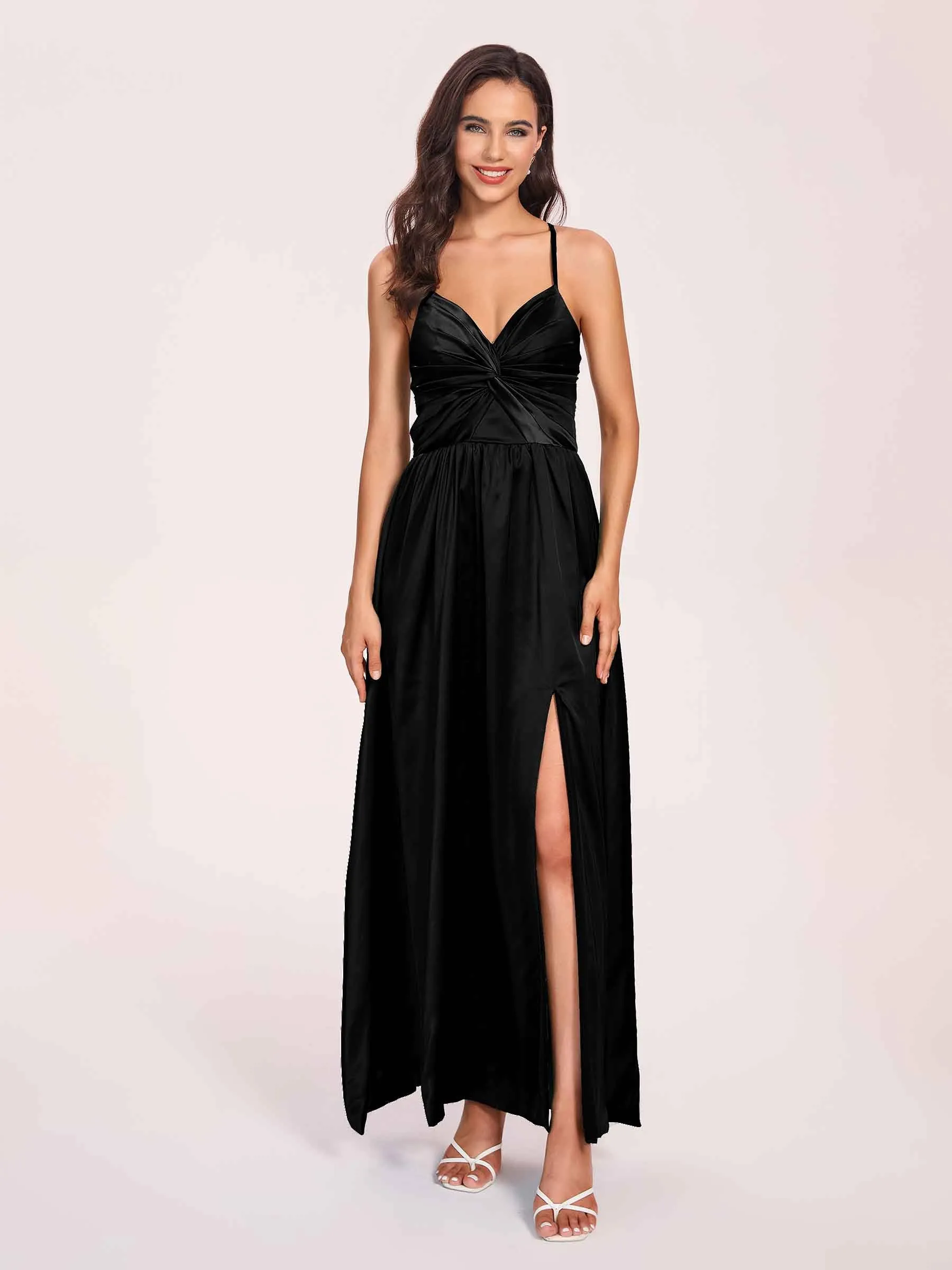 Satin Spaghetti Straps A-line Prom Dresses Side Slit Floor Length