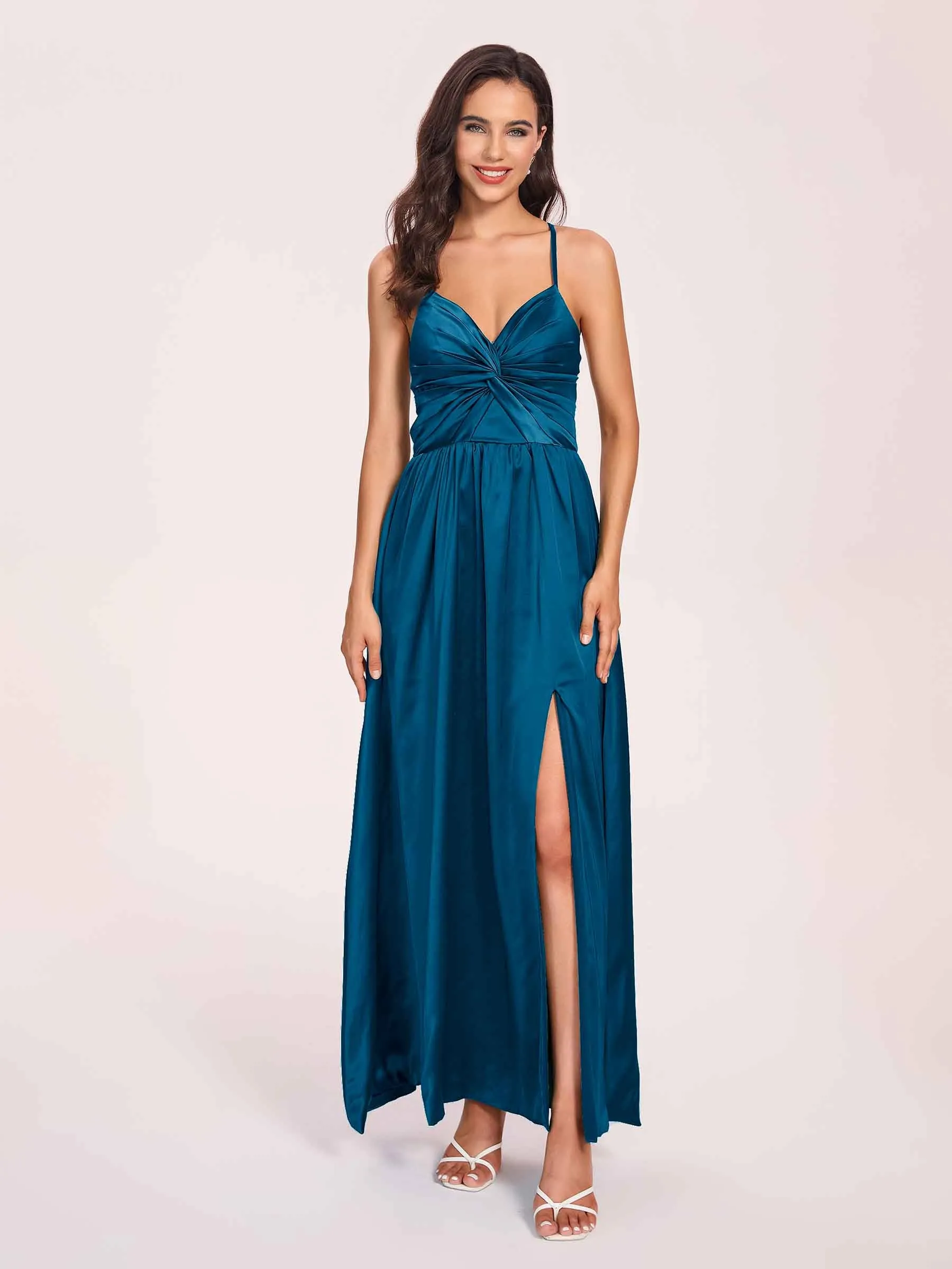 Satin Spaghetti Straps A-line Prom Dresses Side Slit Floor Length