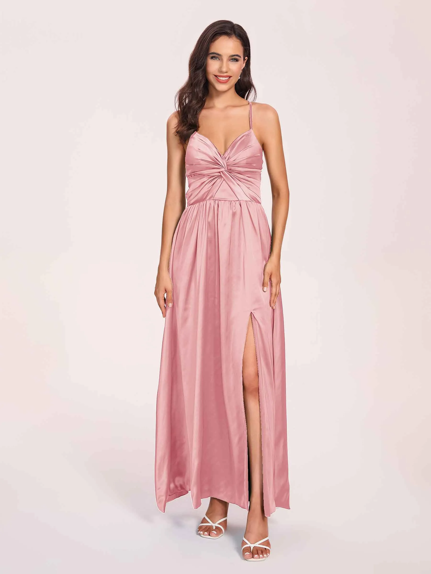 Satin Spaghetti Straps A-line Prom Dresses Side Slit Floor Length