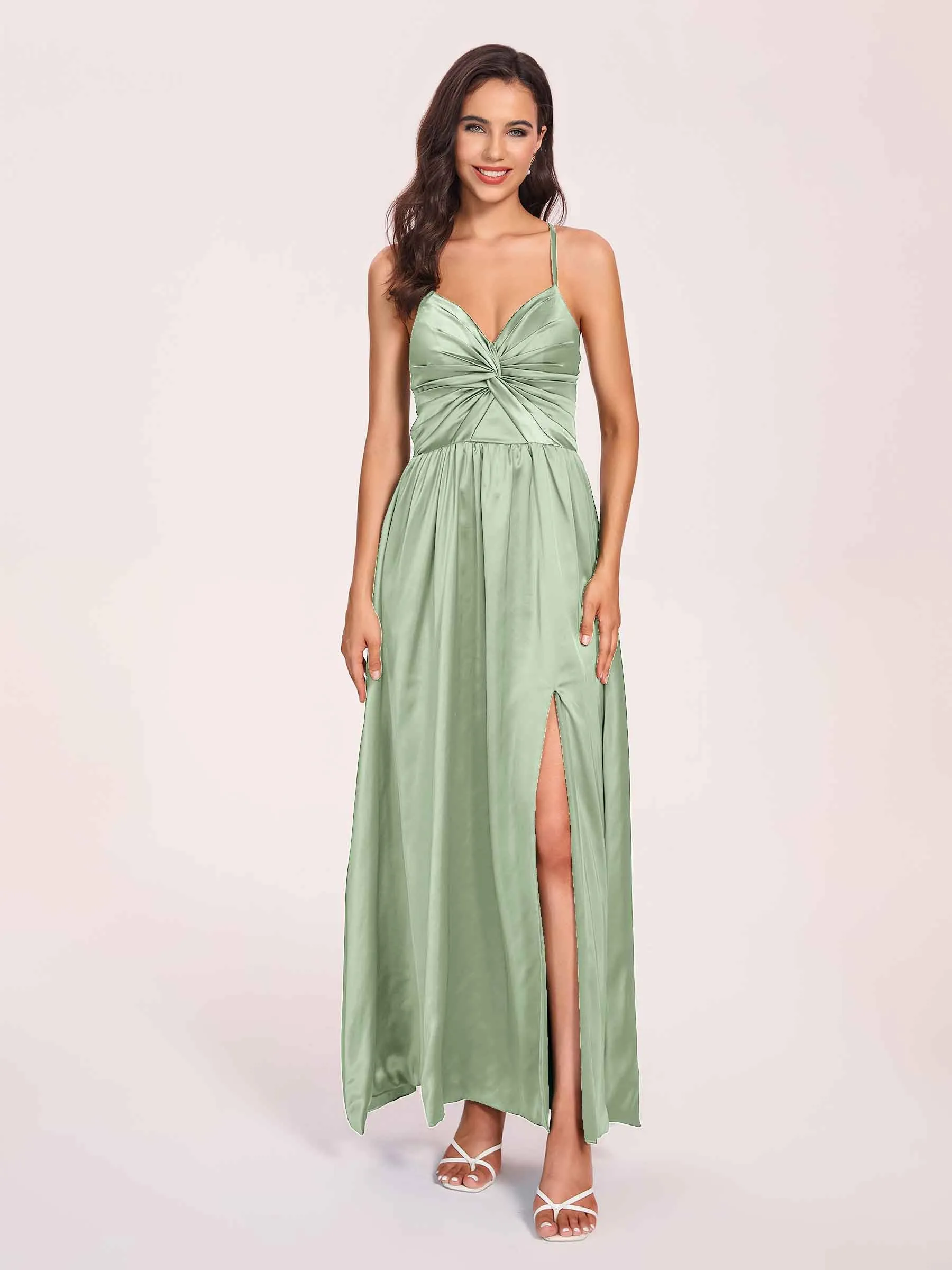 Satin Spaghetti Straps A-line Prom Dresses Side Slit Floor Length