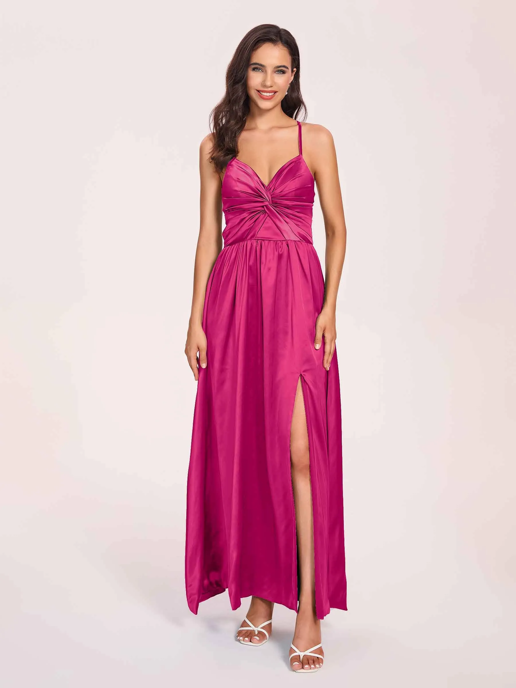 Satin Spaghetti Straps A-line Prom Dresses Side Slit Floor Length