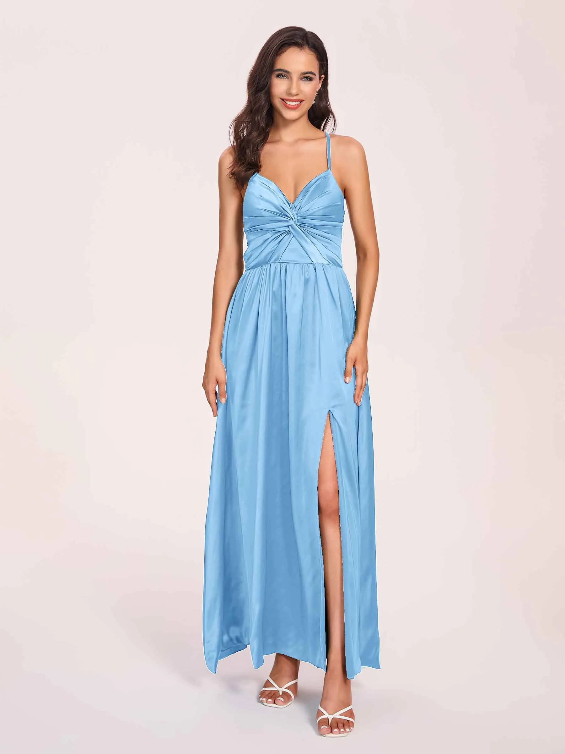 Satin Spaghetti Straps A-line Prom Dresses Side Slit Floor Length