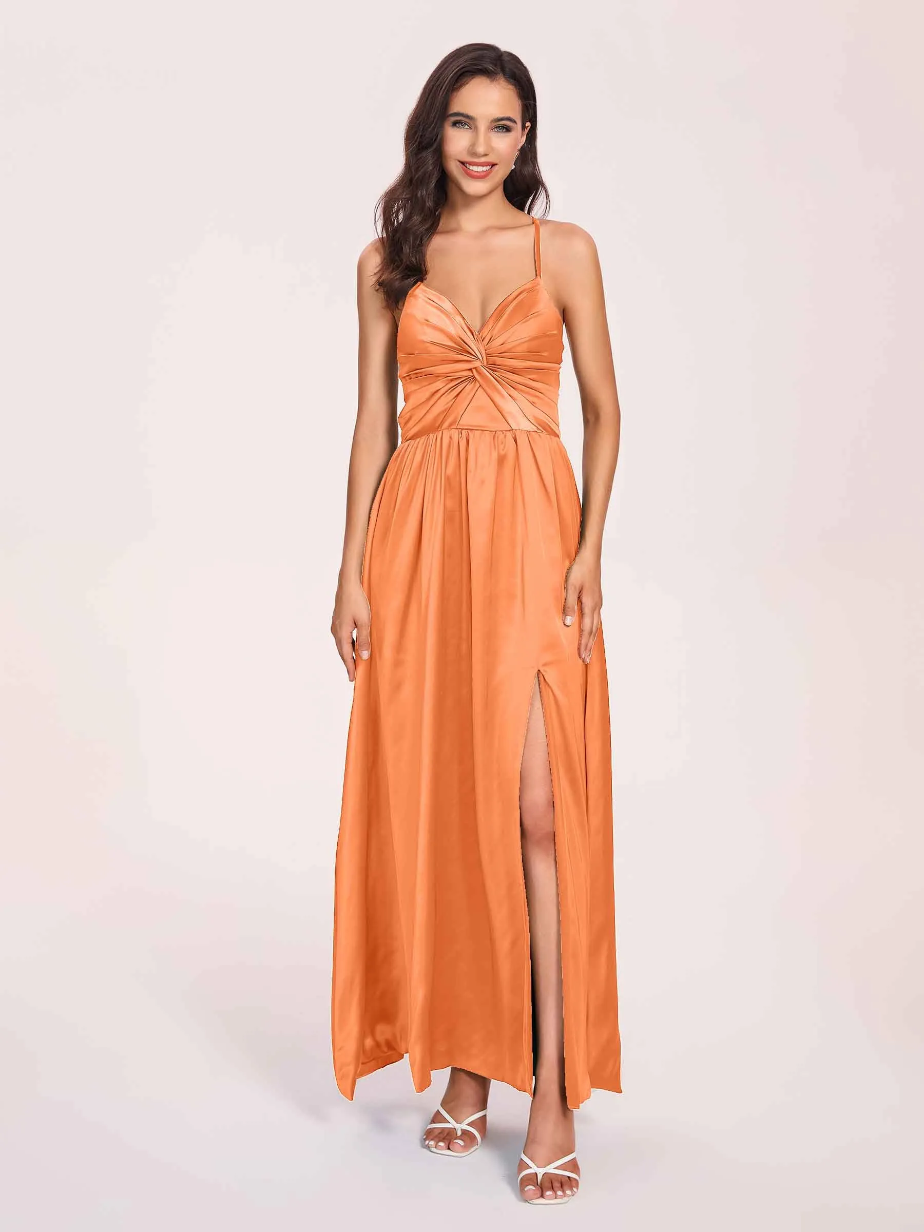 Satin Spaghetti Straps A-line Prom Dresses Side Slit Floor Length