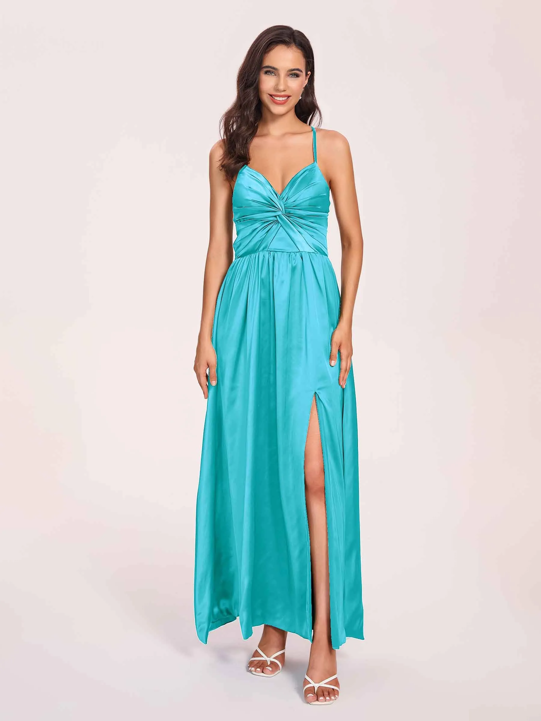Satin Spaghetti Straps A-line Prom Dresses Side Slit Floor Length