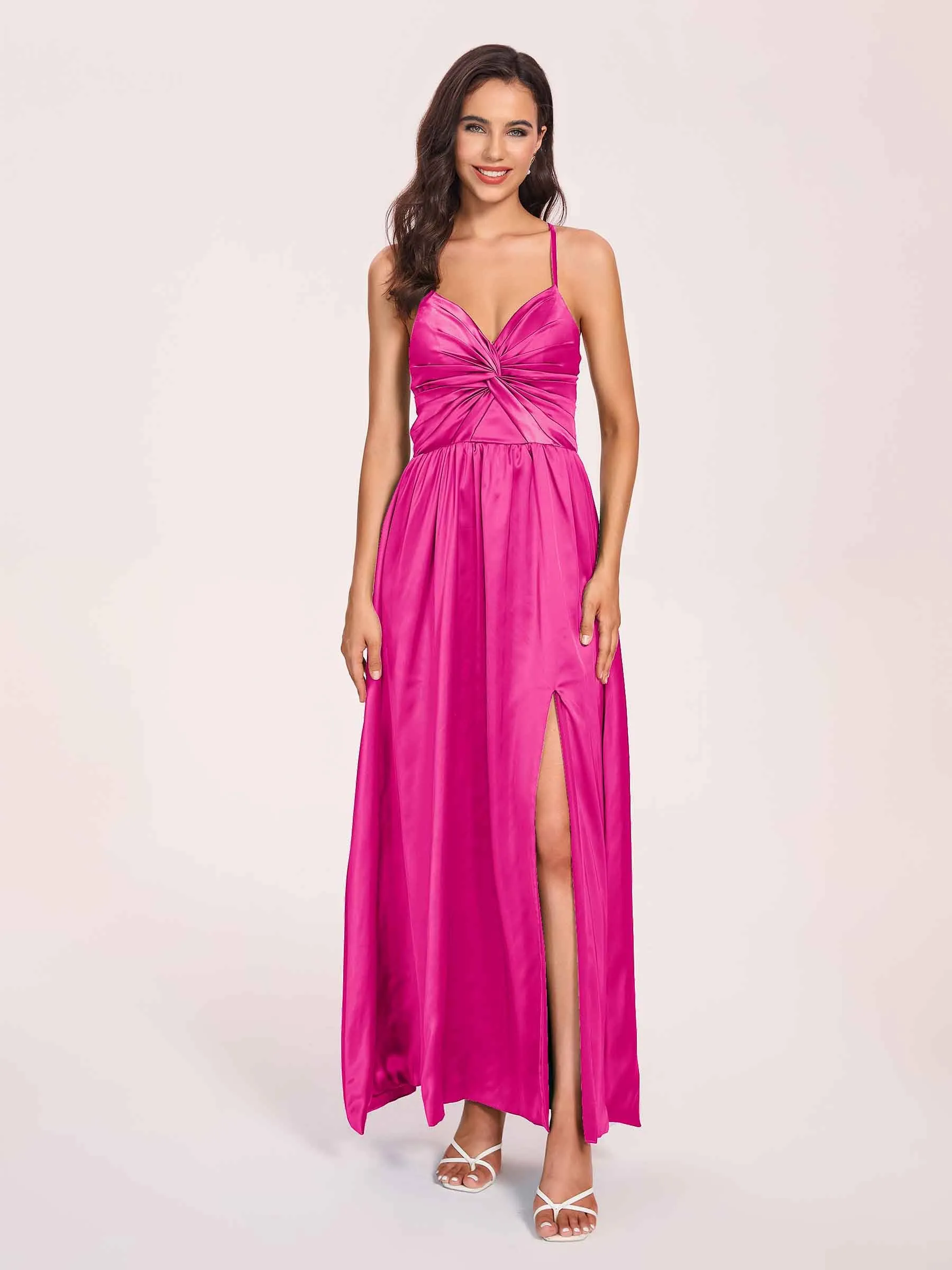 Satin Spaghetti Straps A-line Prom Dresses Side Slit Floor Length