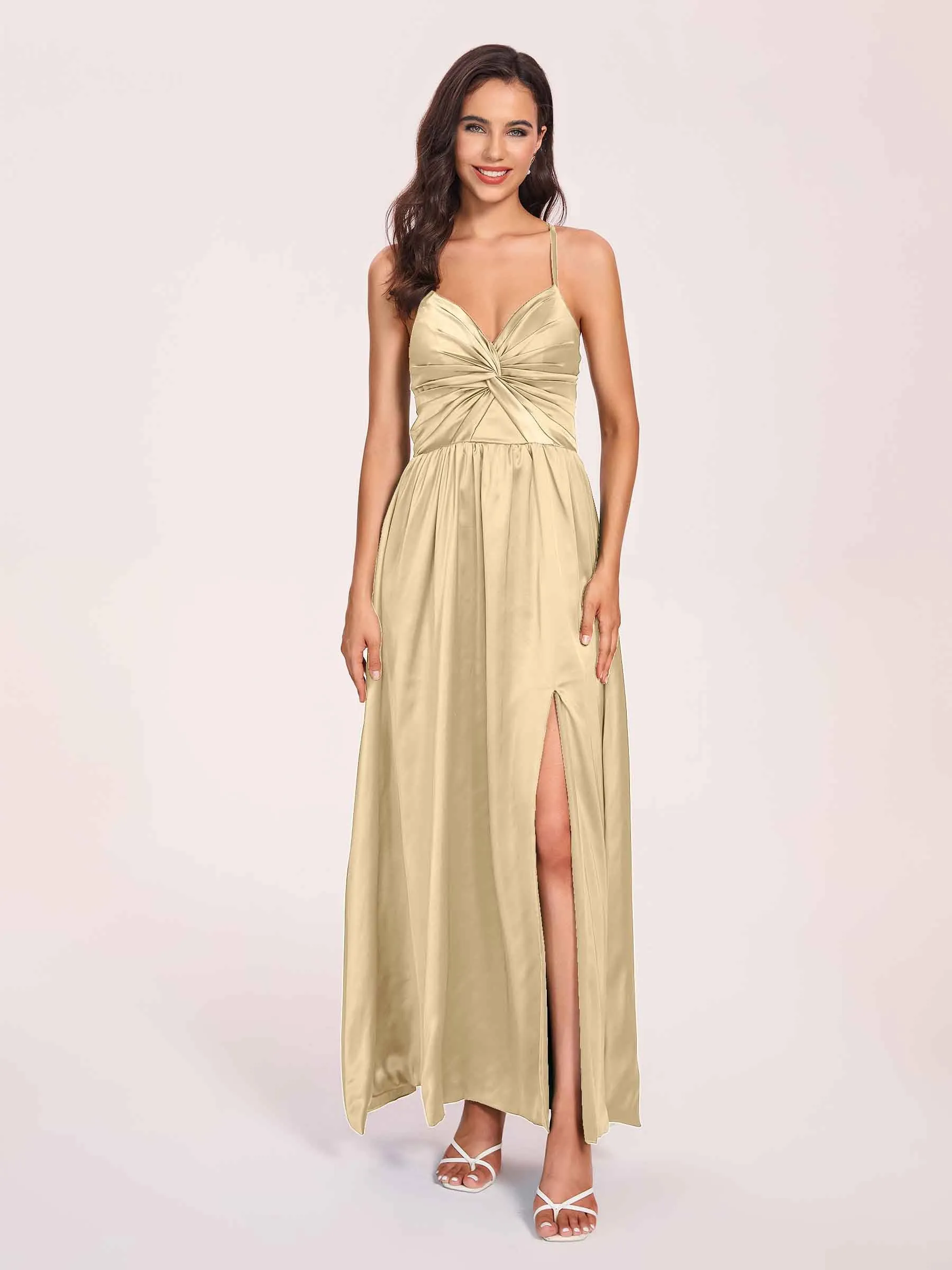Satin Spaghetti Straps A-line Prom Dresses Side Slit Floor Length