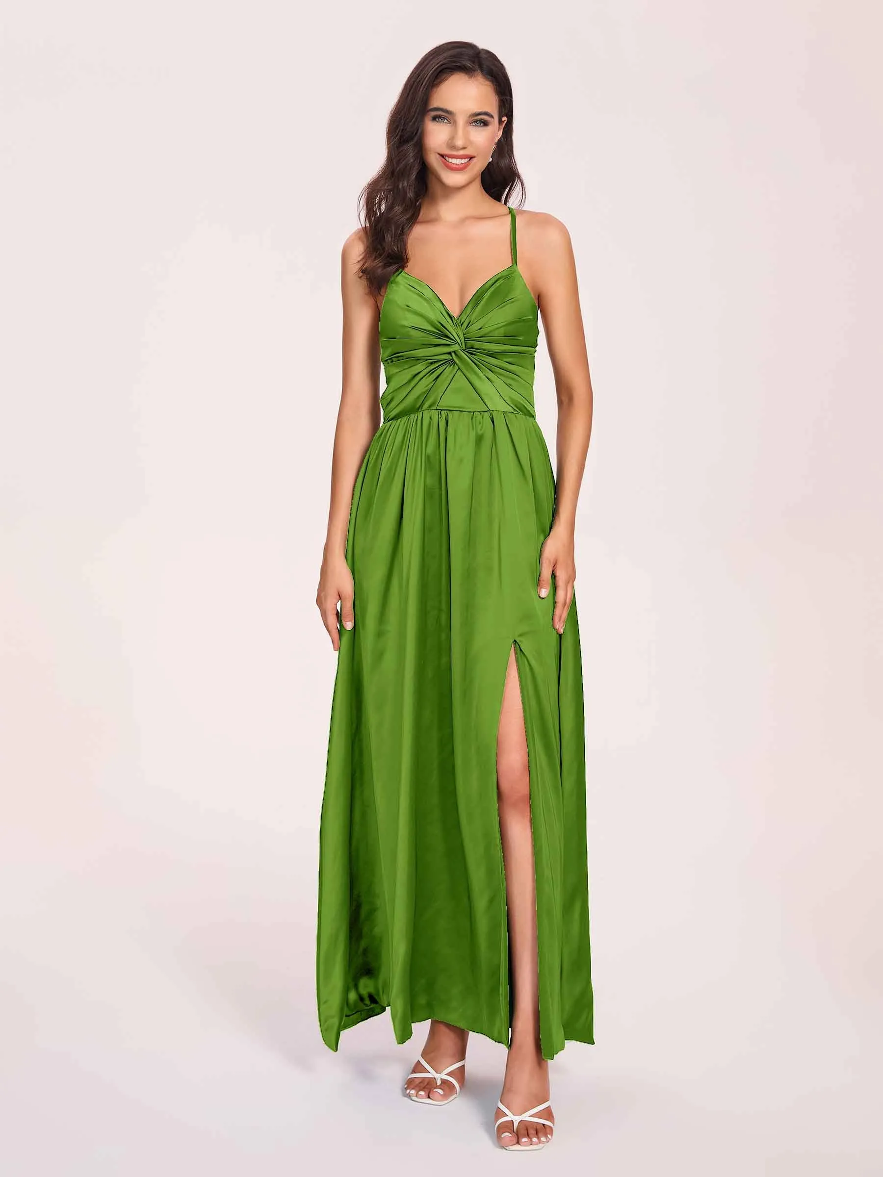 Satin Spaghetti Straps A-line Prom Dresses Side Slit Floor Length