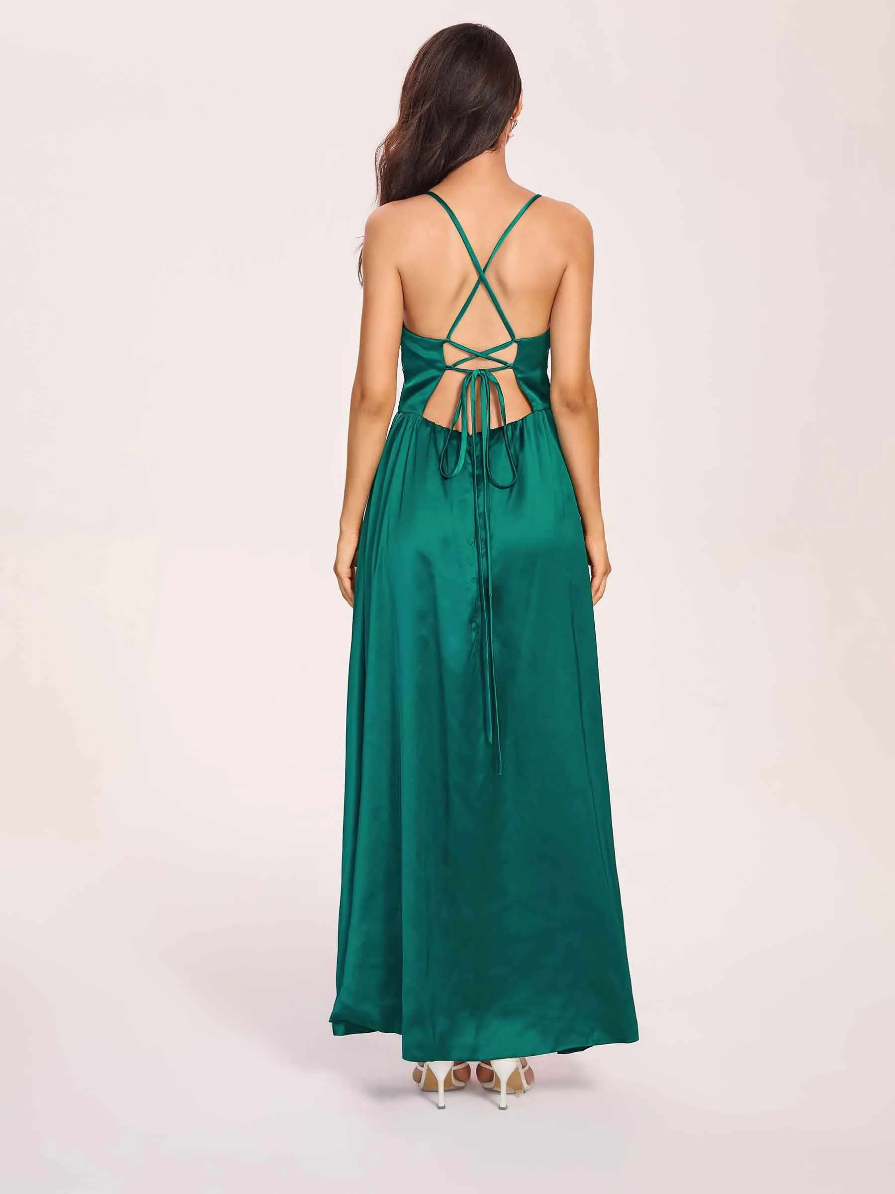 Satin Spaghetti Straps A-line Prom Dresses Side Slit Floor Length