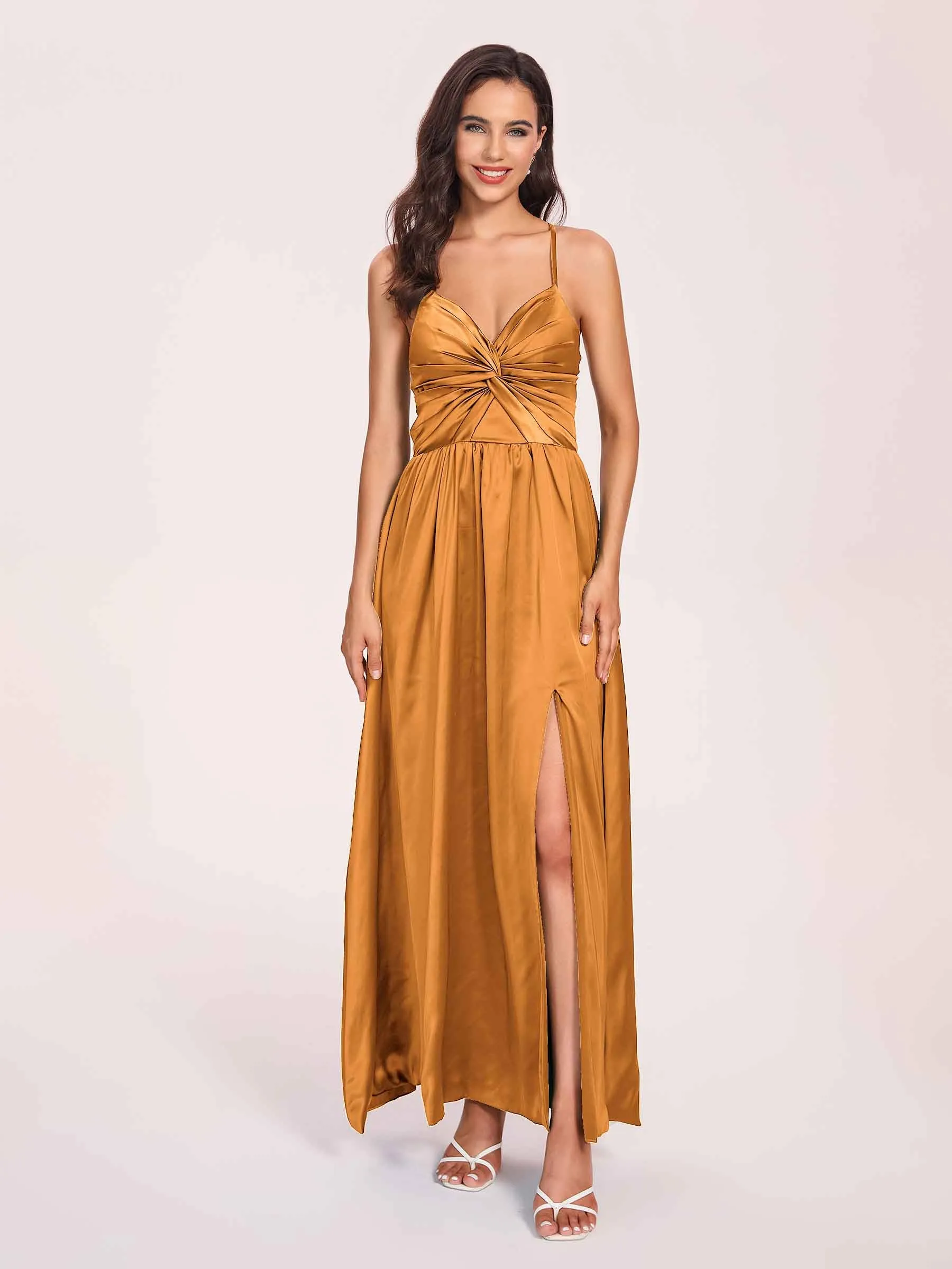Satin Spaghetti Straps A-line Prom Dresses Side Slit Floor Length