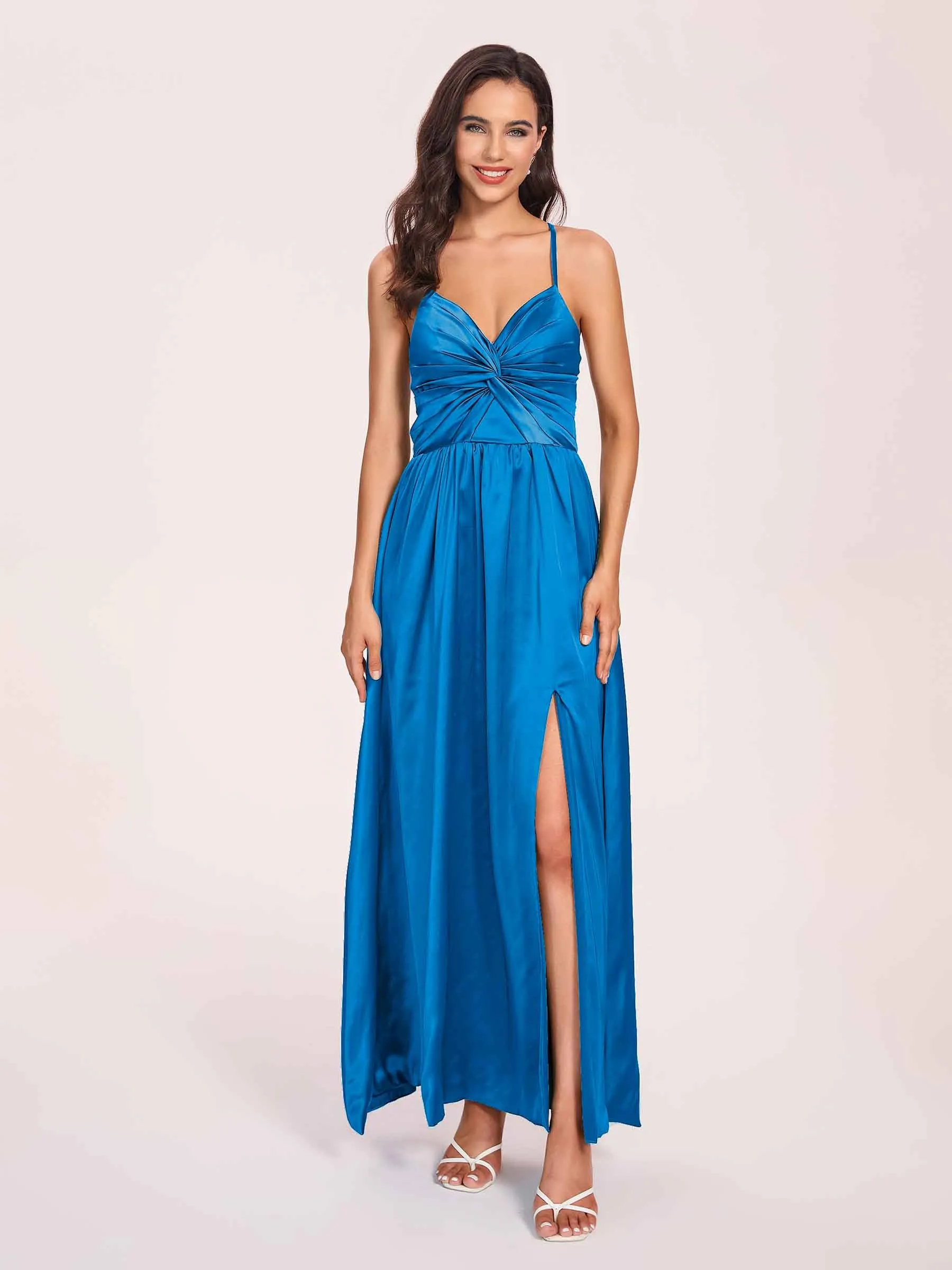 Satin Spaghetti Straps A-line Prom Dresses Side Slit Floor Length