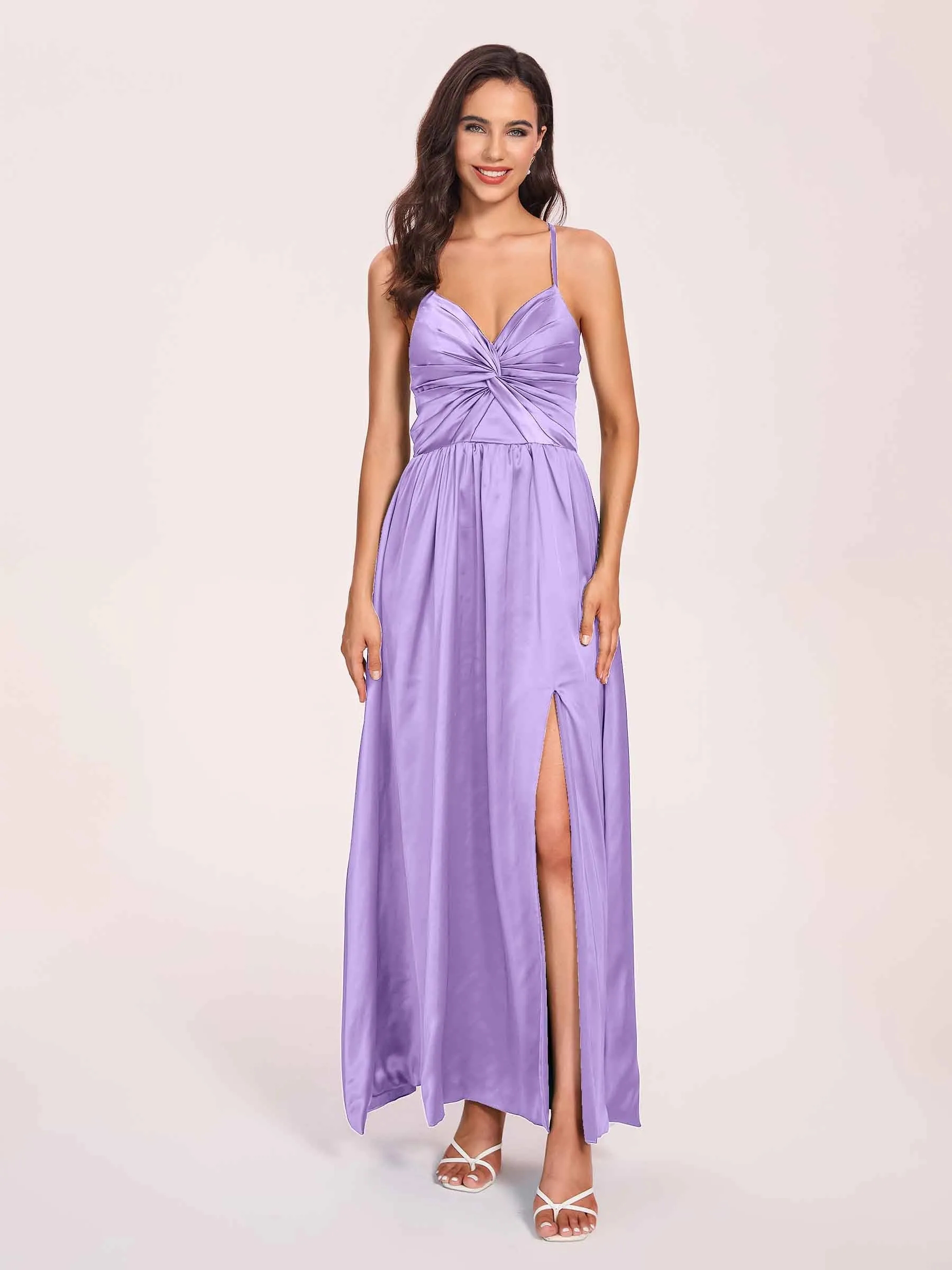 Satin Spaghetti Straps A-line Prom Dresses Side Slit Floor Length