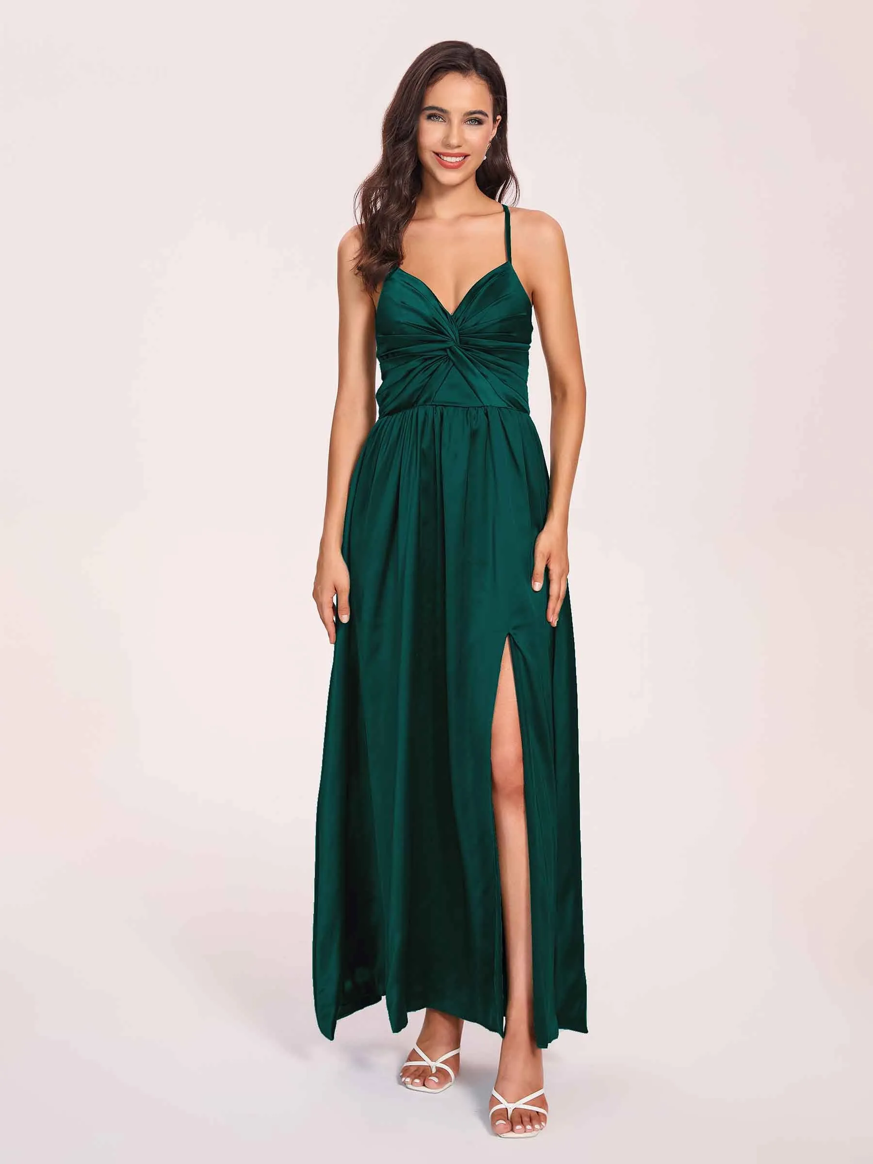 Satin Spaghetti Straps A-line Prom Dresses Side Slit Floor Length