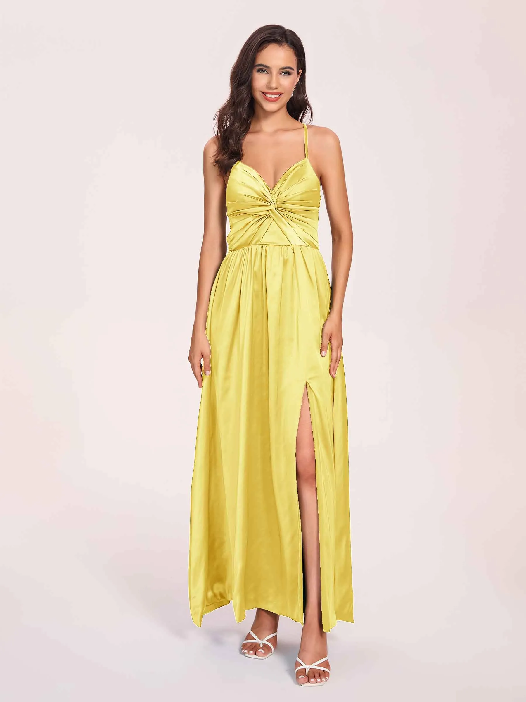 Satin Spaghetti Straps A-line Prom Dresses Side Slit Floor Length