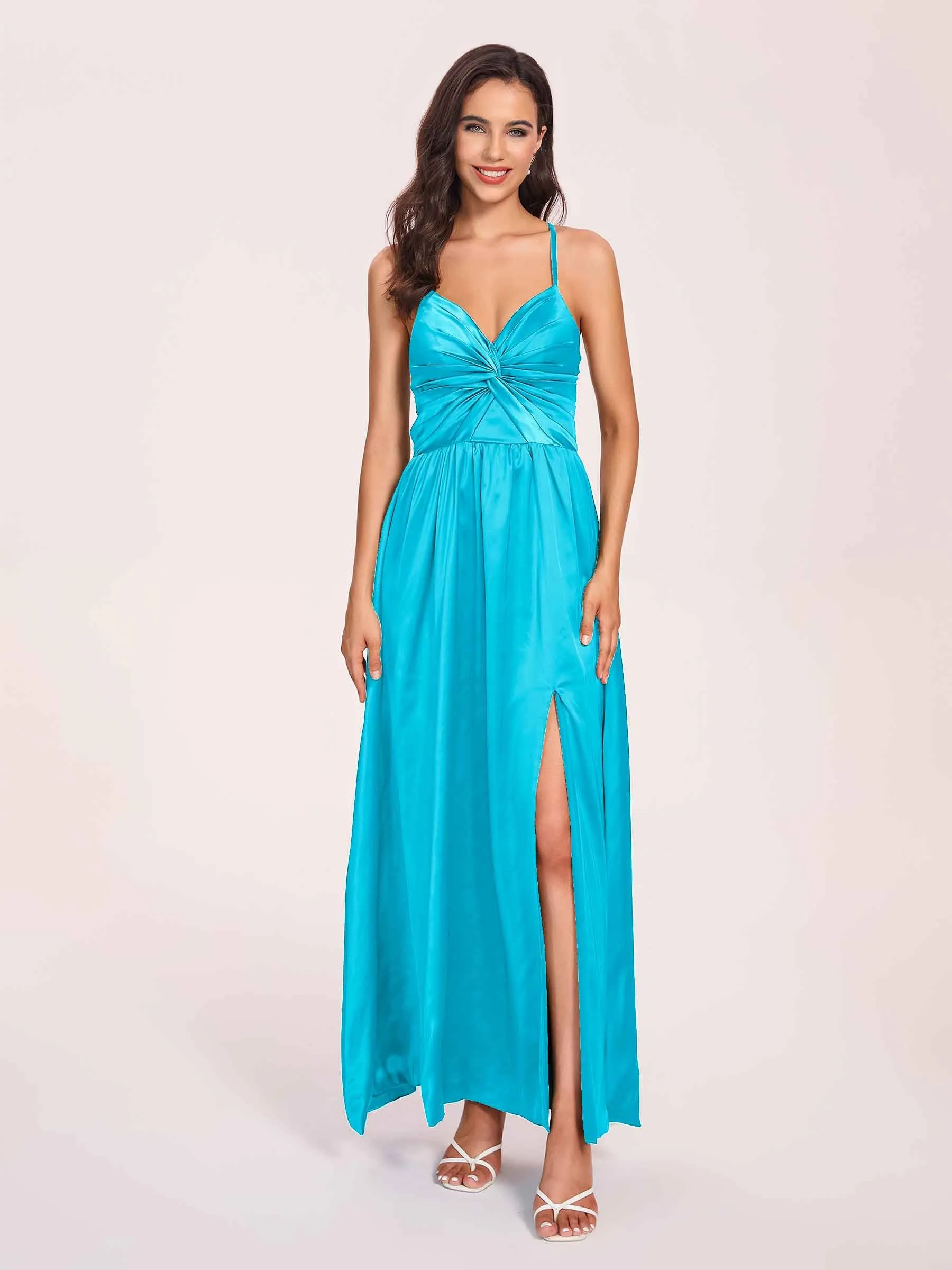 Satin Spaghetti Straps A-line Prom Dresses Side Slit Floor Length
