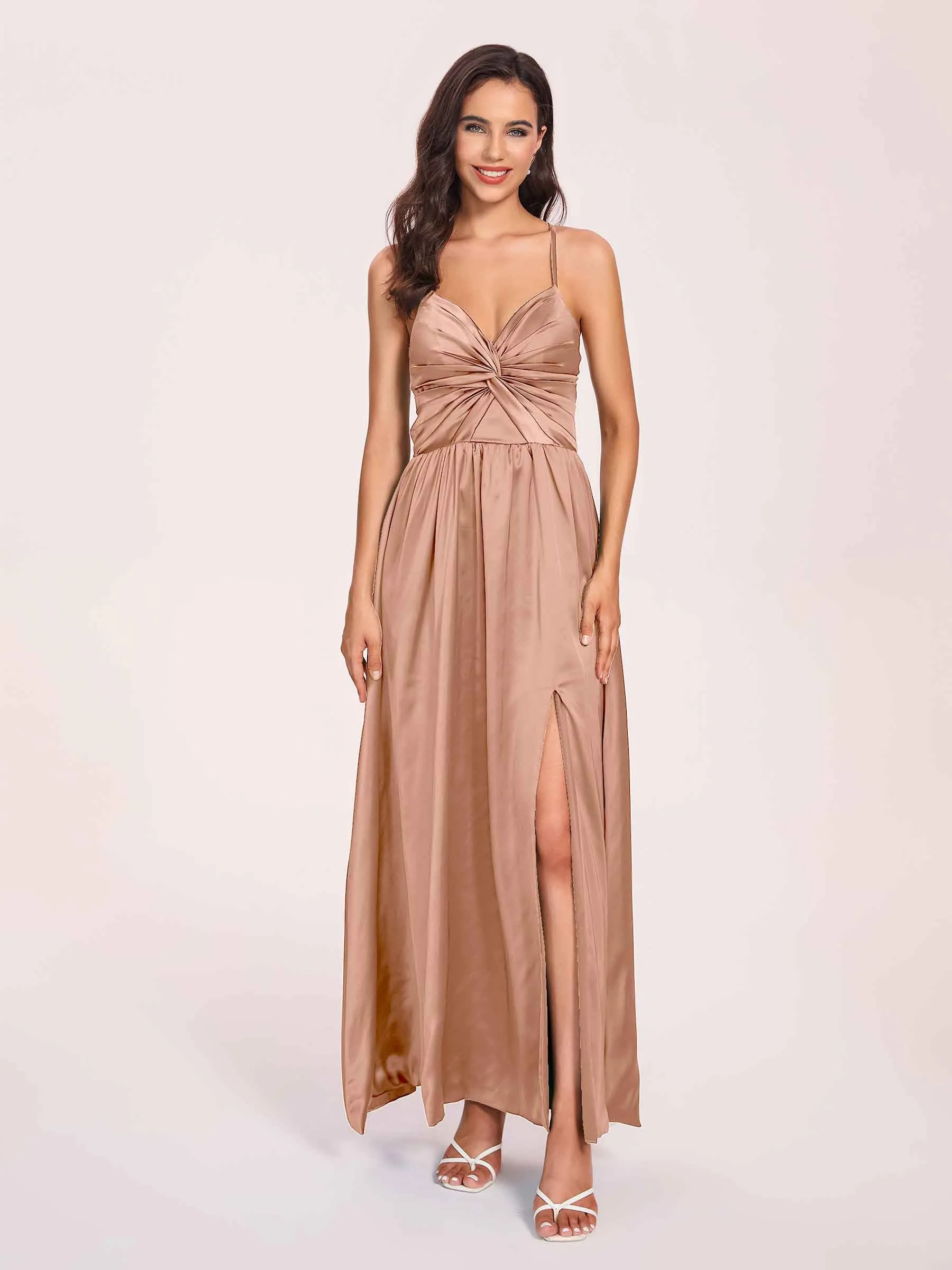 Satin Spaghetti Straps A-line Prom Dresses Side Slit Floor Length