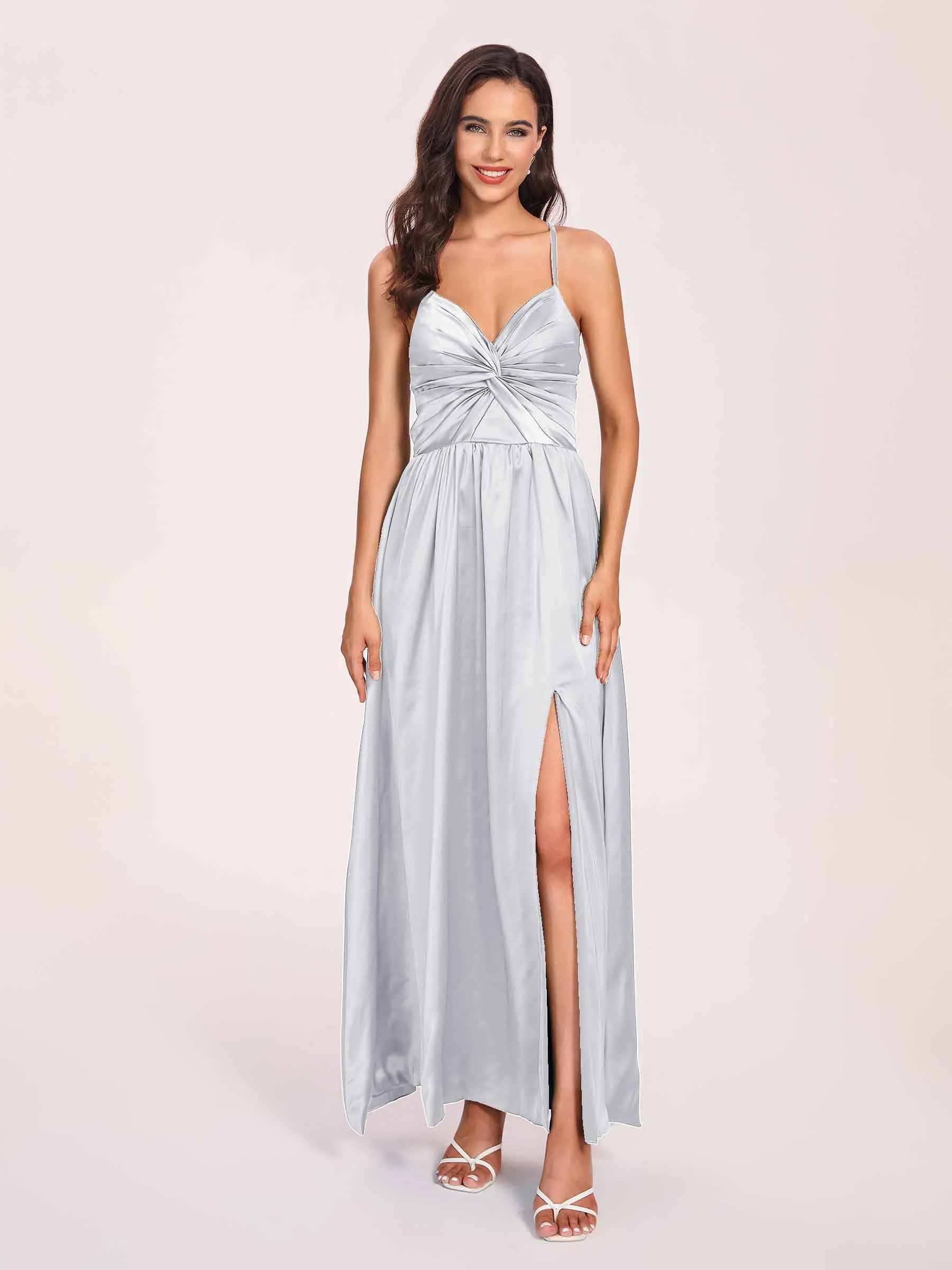 Satin Spaghetti Straps A-line Prom Dresses Side Slit Floor Length