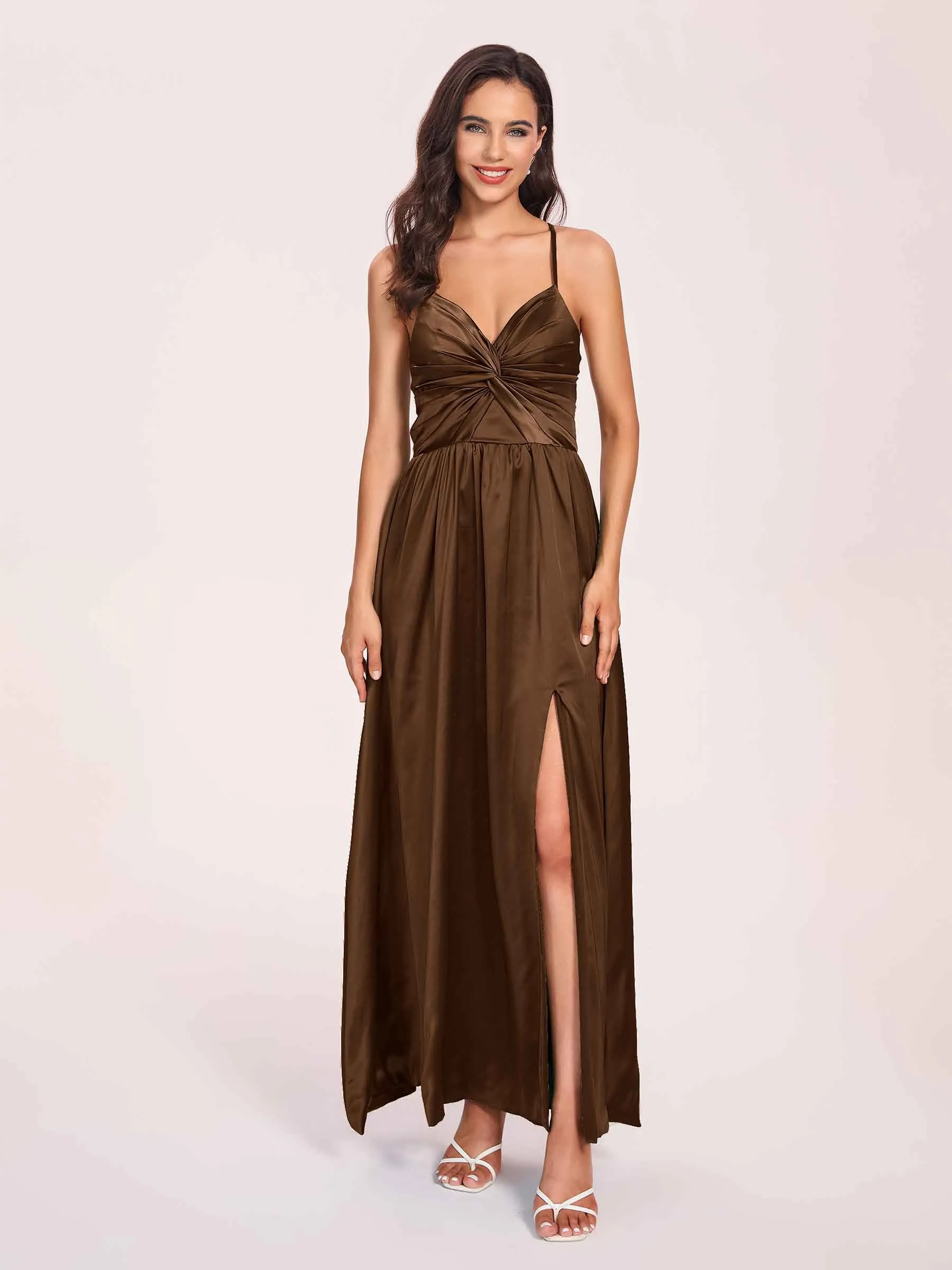 Satin Spaghetti Straps A-line Prom Dresses Side Slit Floor Length