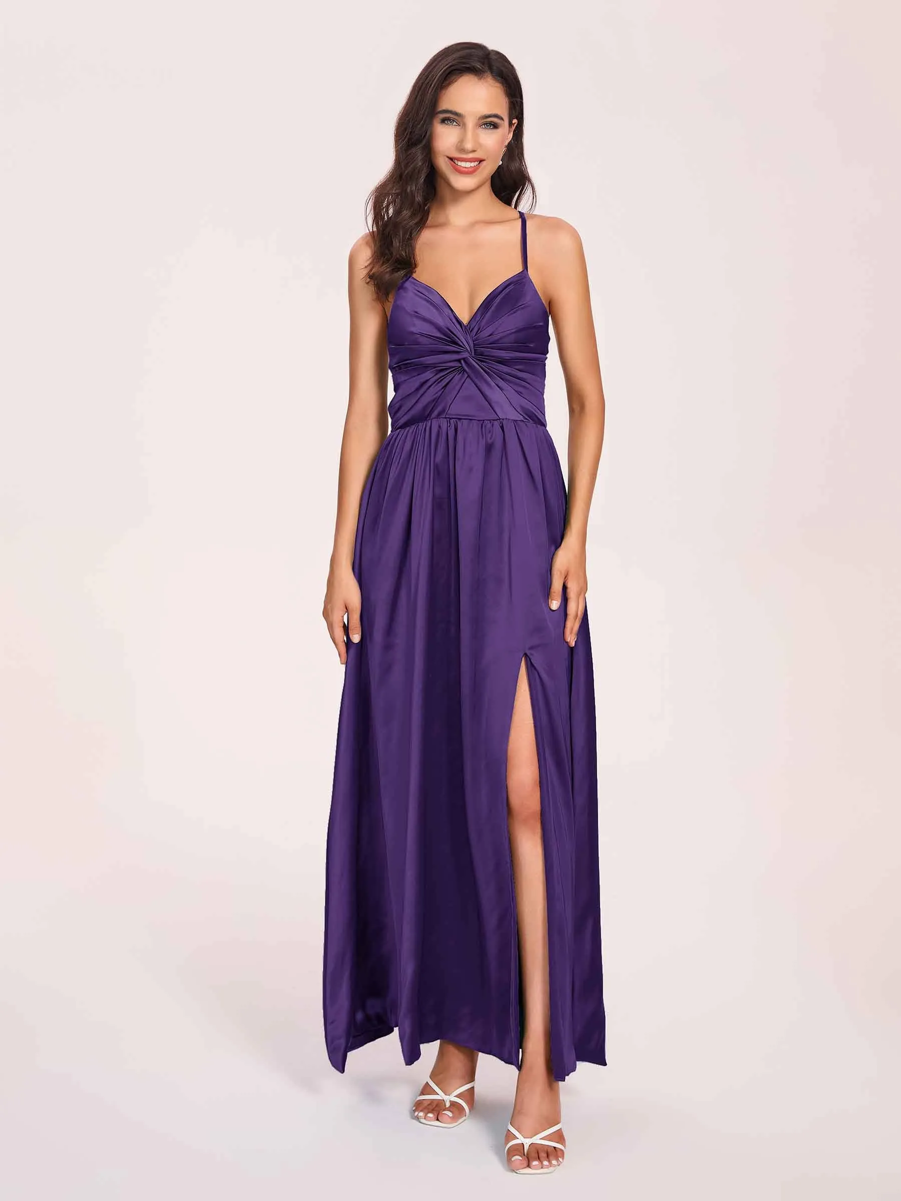 Satin Spaghetti Straps A-line Prom Dresses Side Slit Floor Length