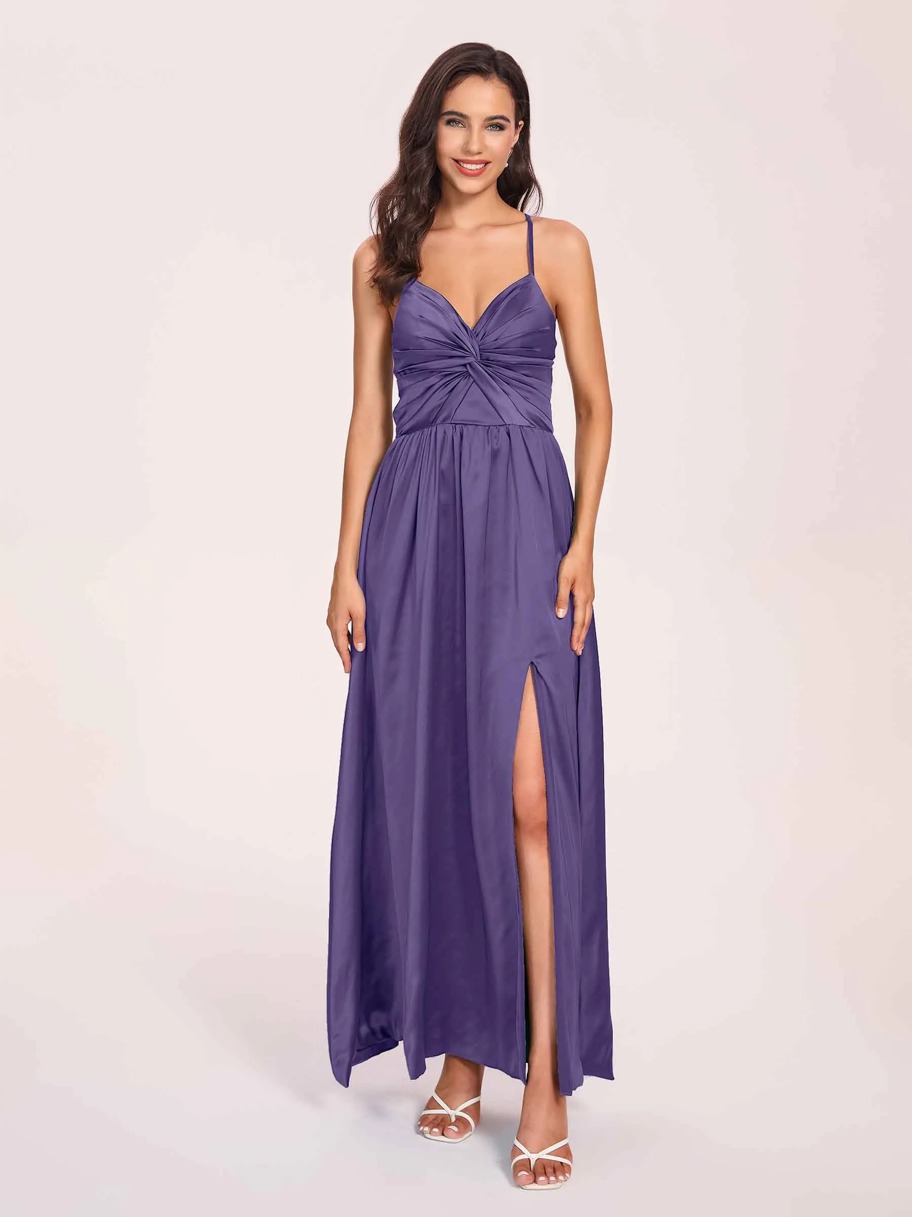 Satin Spaghetti Straps A-line Prom Dresses Side Slit Floor Length
