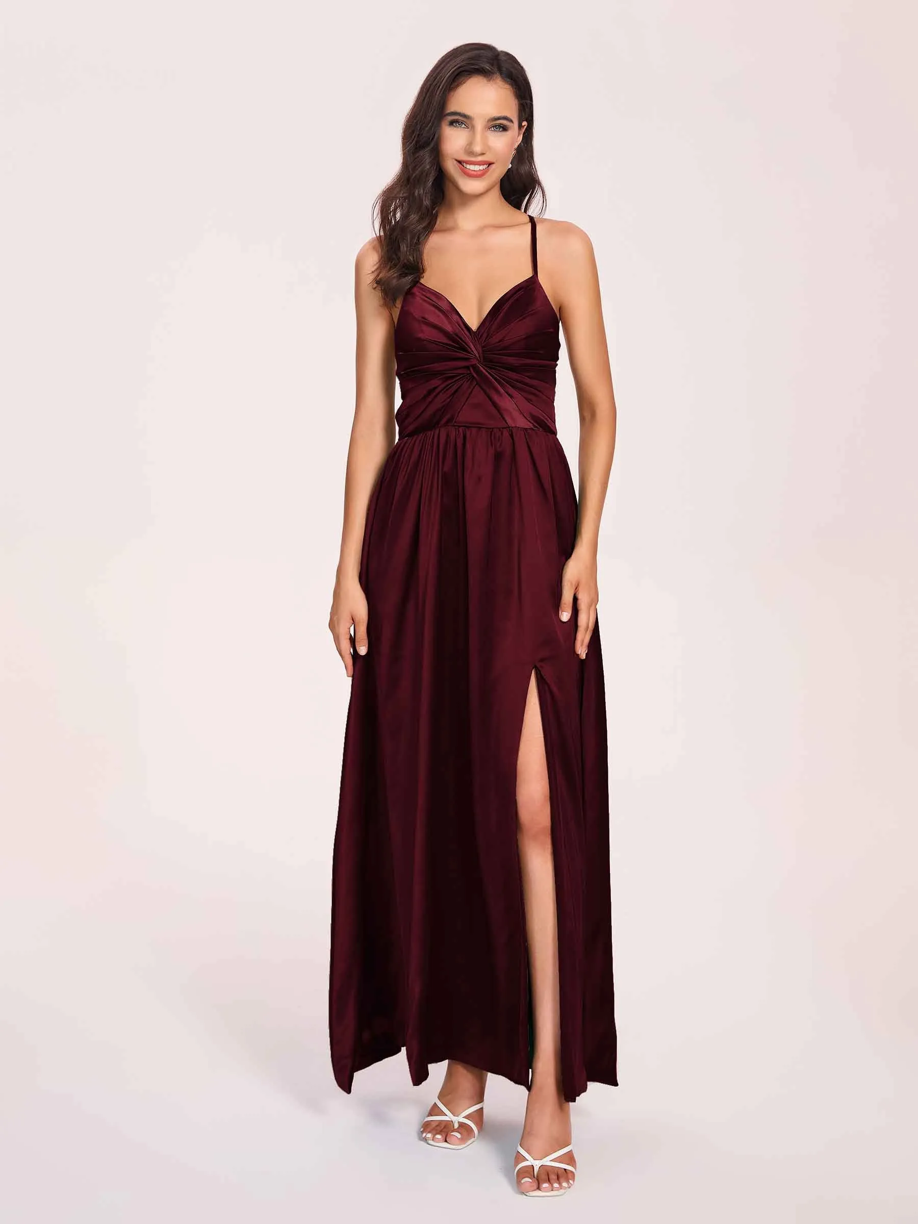 Satin Spaghetti Straps A-line Prom Dresses Side Slit Floor Length