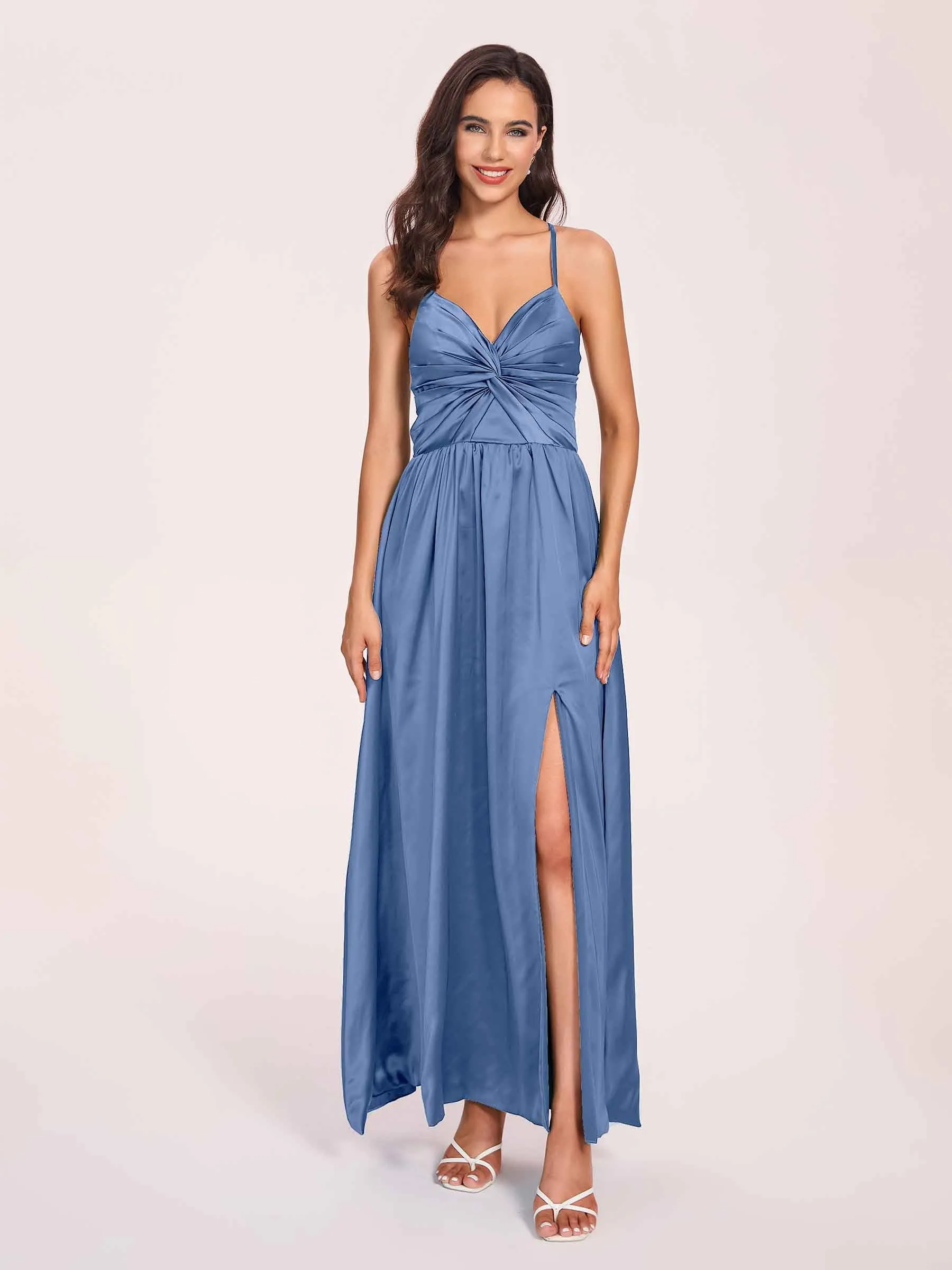 Satin Spaghetti Straps A-line Prom Dresses Side Slit Floor Length