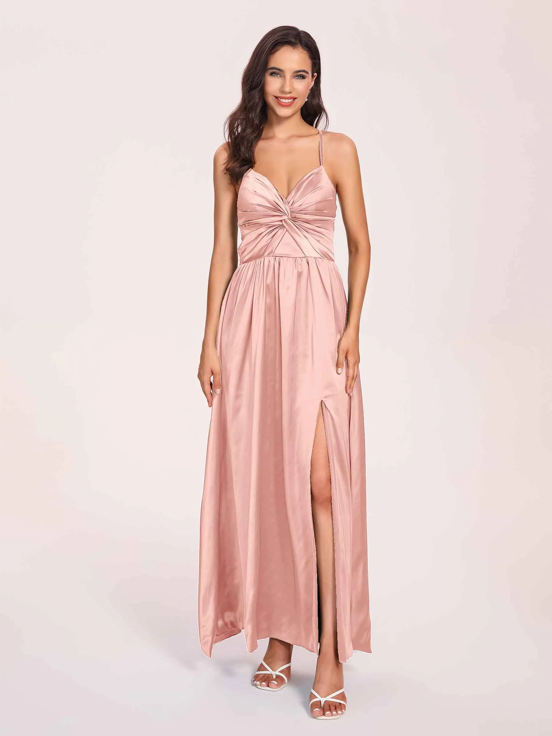 Satin Spaghetti Straps A-line Prom Dresses Side Slit Floor Length