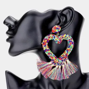 Seed Bead Heart Multi Tassel Earrings