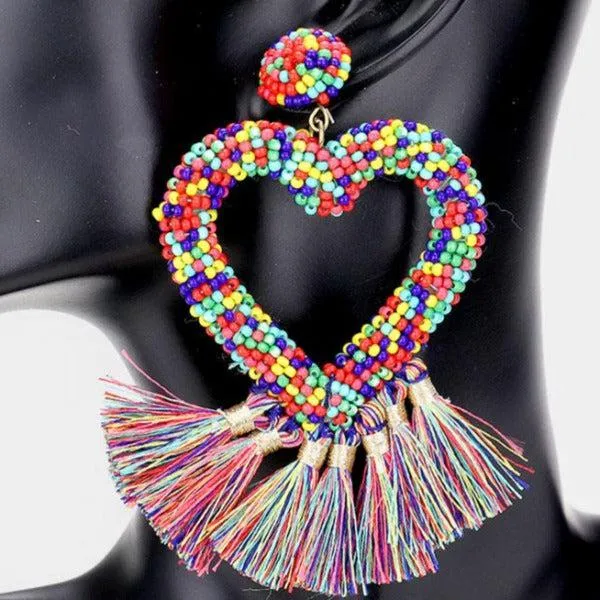 Seed Bead Heart Multi Tassel Earrings