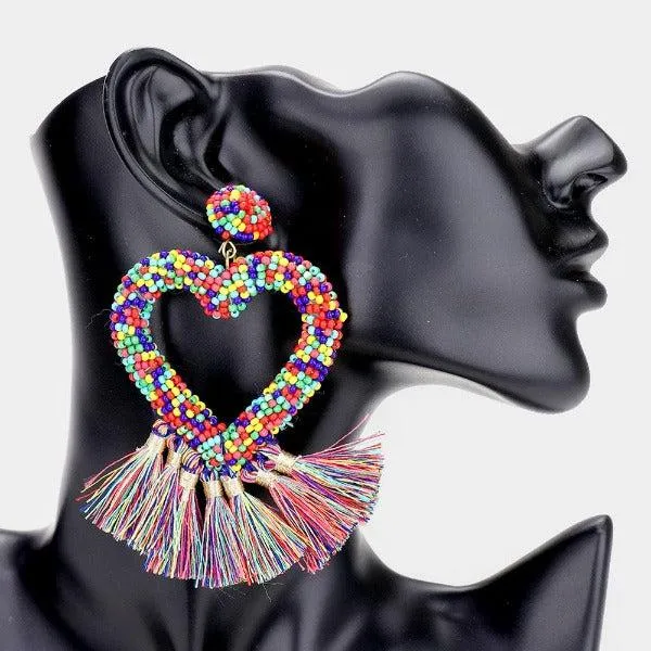 Seed Bead Heart Multi Tassel Earrings