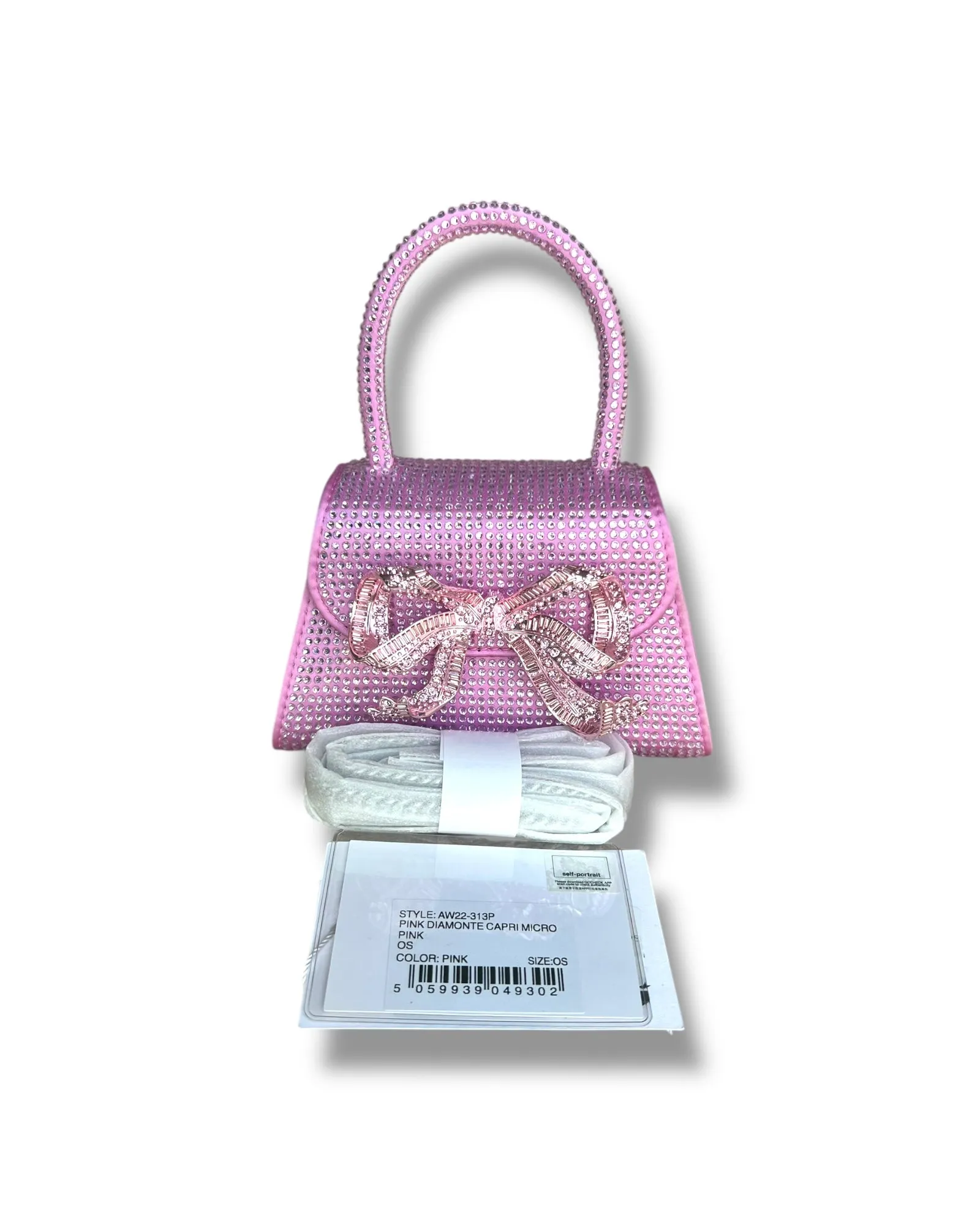 Self-Portrait Micro Bag – Rose Pink Satin with Rhinestone Bow