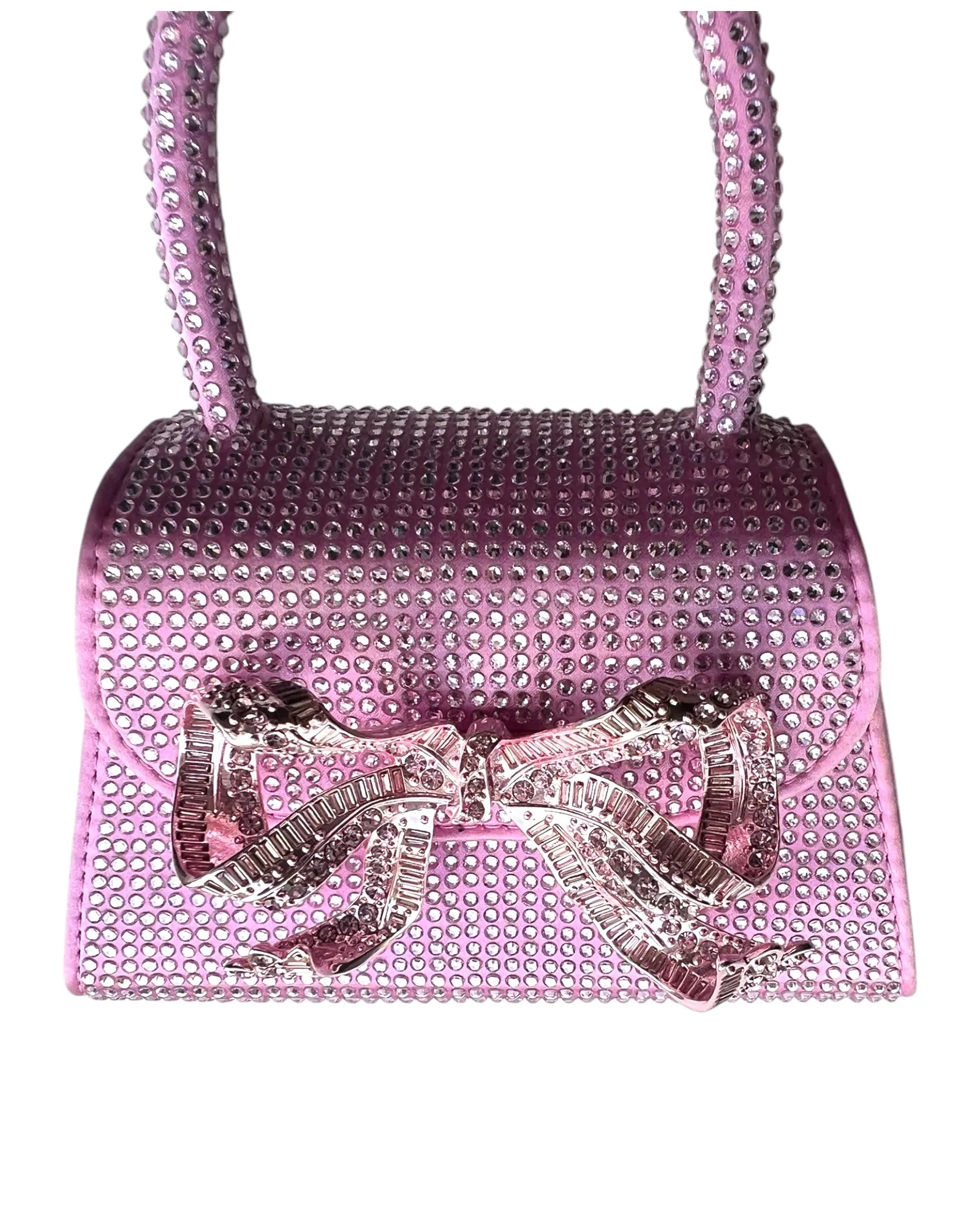 Self-Portrait Micro Bag – Rose Pink Satin with Rhinestone Bow