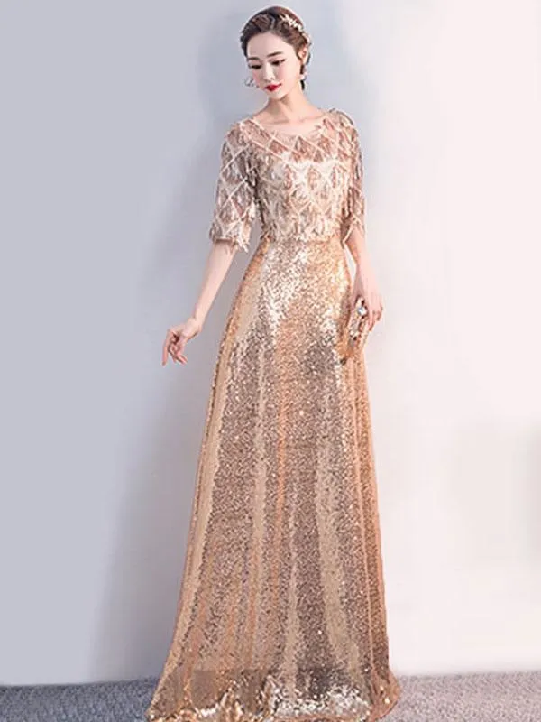 Sequin Party Dress 2021 Half Sleeves Floor Length Zipper Lace Prom Occasion Dresses