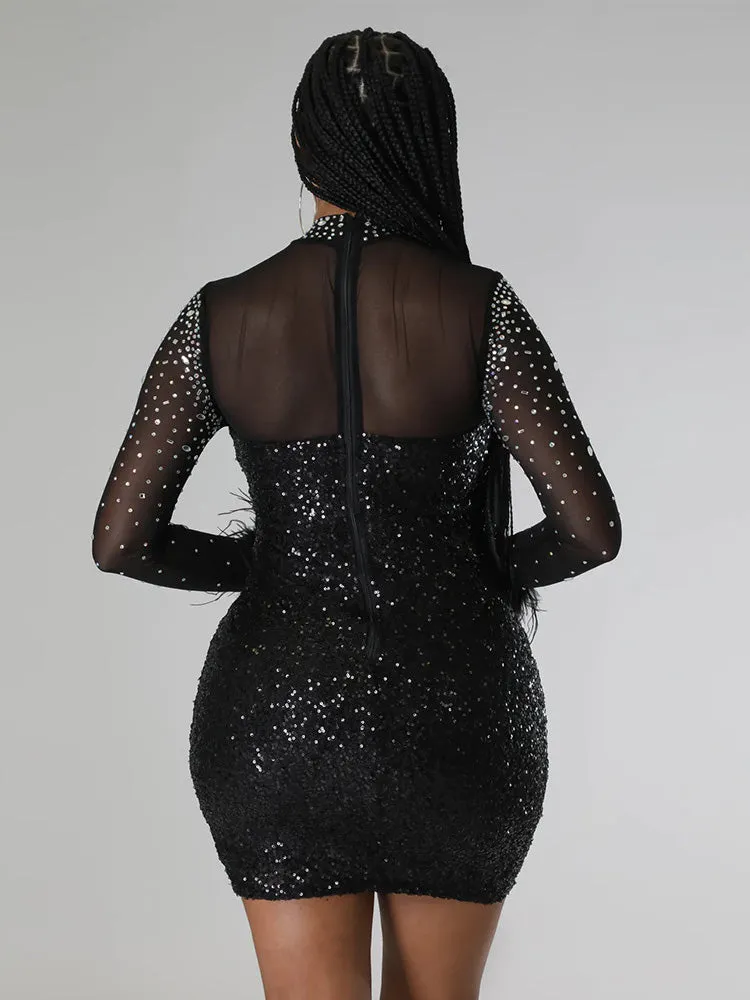 Sequin Rhinestone Feather Sleeve Mesh Dress