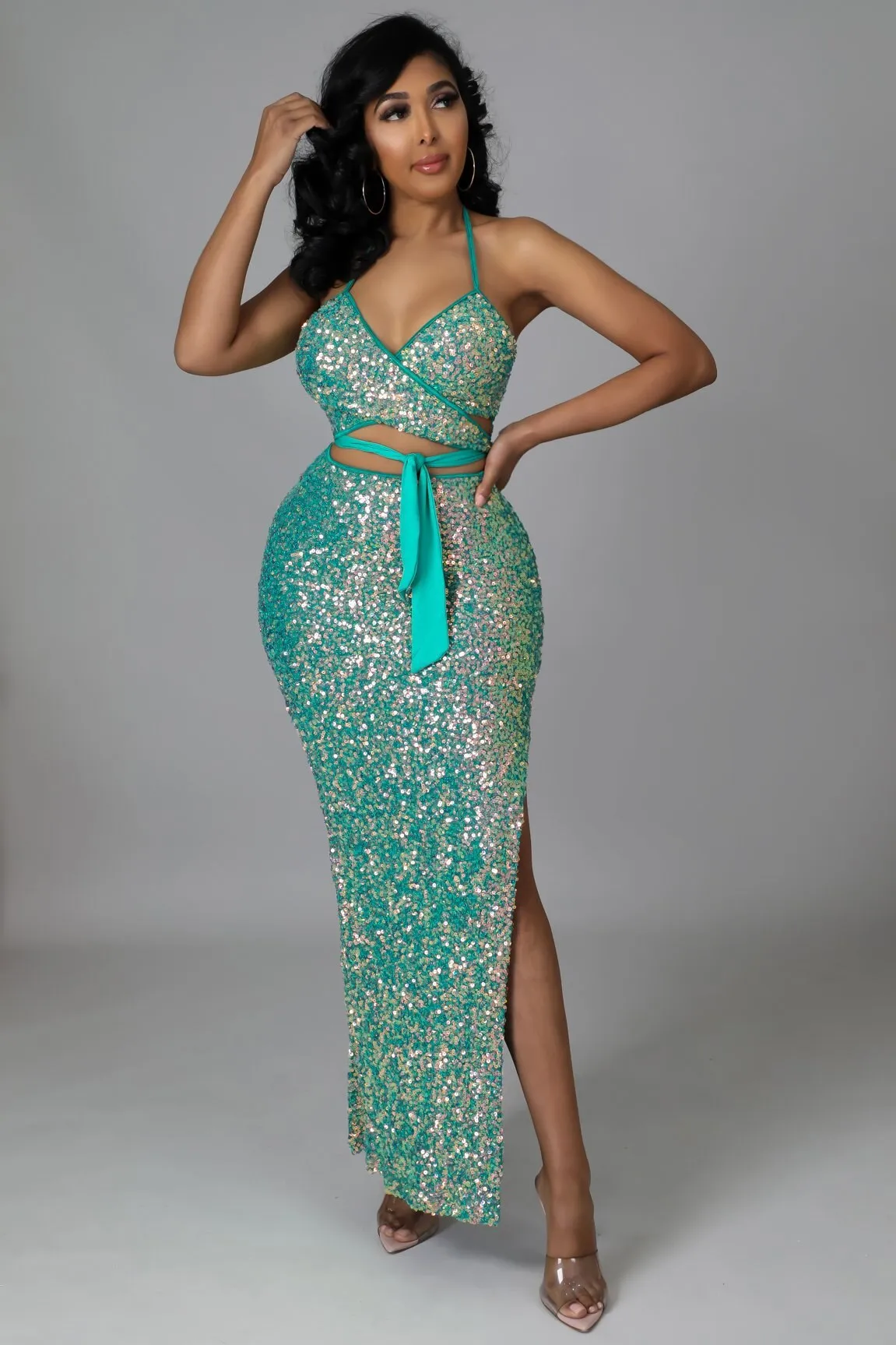 Sequins Bandage Spaghetti Strap Maxi Dress