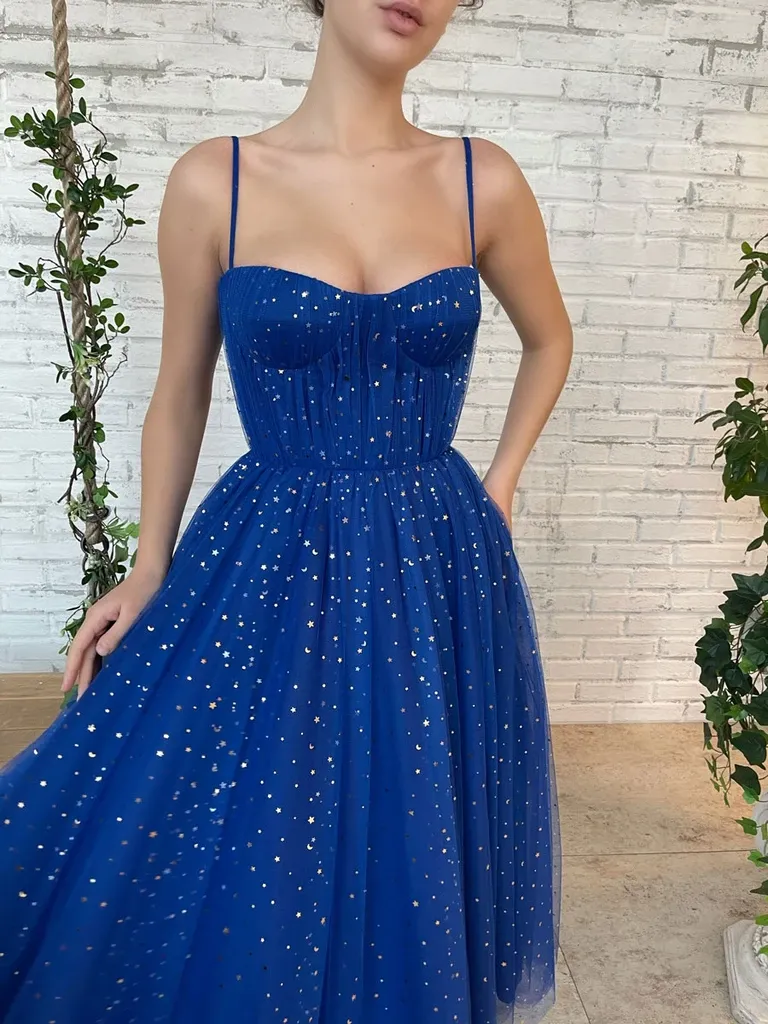 Sequins Sweetheart Neck Blue Tulle Tea Length Short Prom Dresses, Blue Tulle Short Formal Evening Dresses