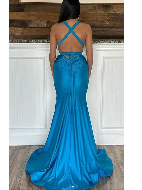 Sexy Blue Mermaid V-neck Backless Maxi Long Party Prom Dresses Online,WGP322