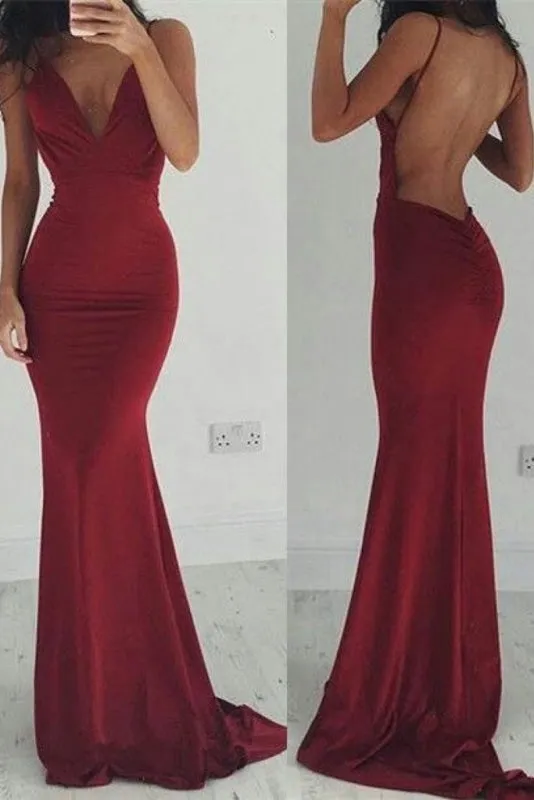 Sexy Burgundy Backless V Neck Long Prom Dress Cheap Spaghetti Straps Evening Gown
