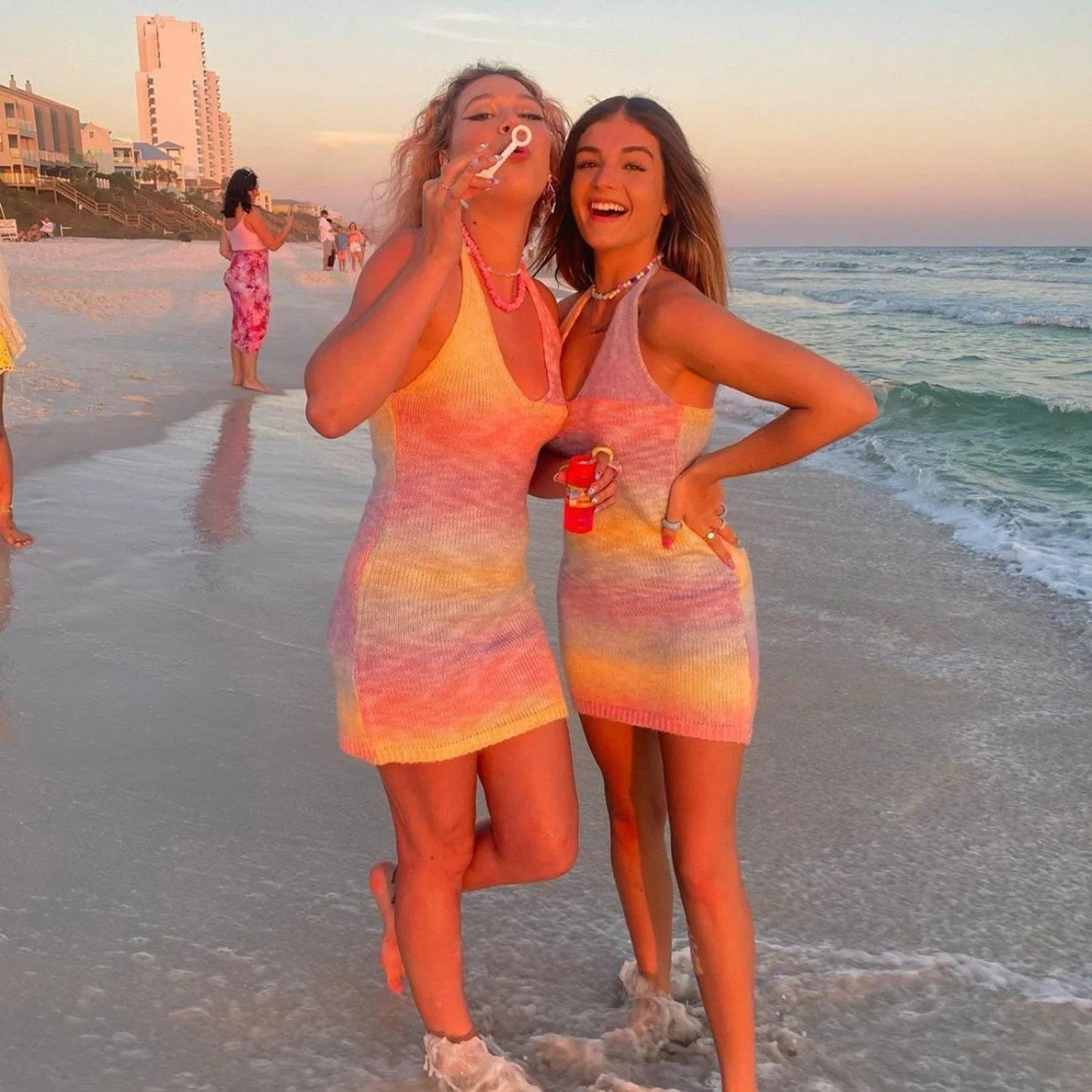 Sexy  Deep V-neck Rainbow Knitting Dresses