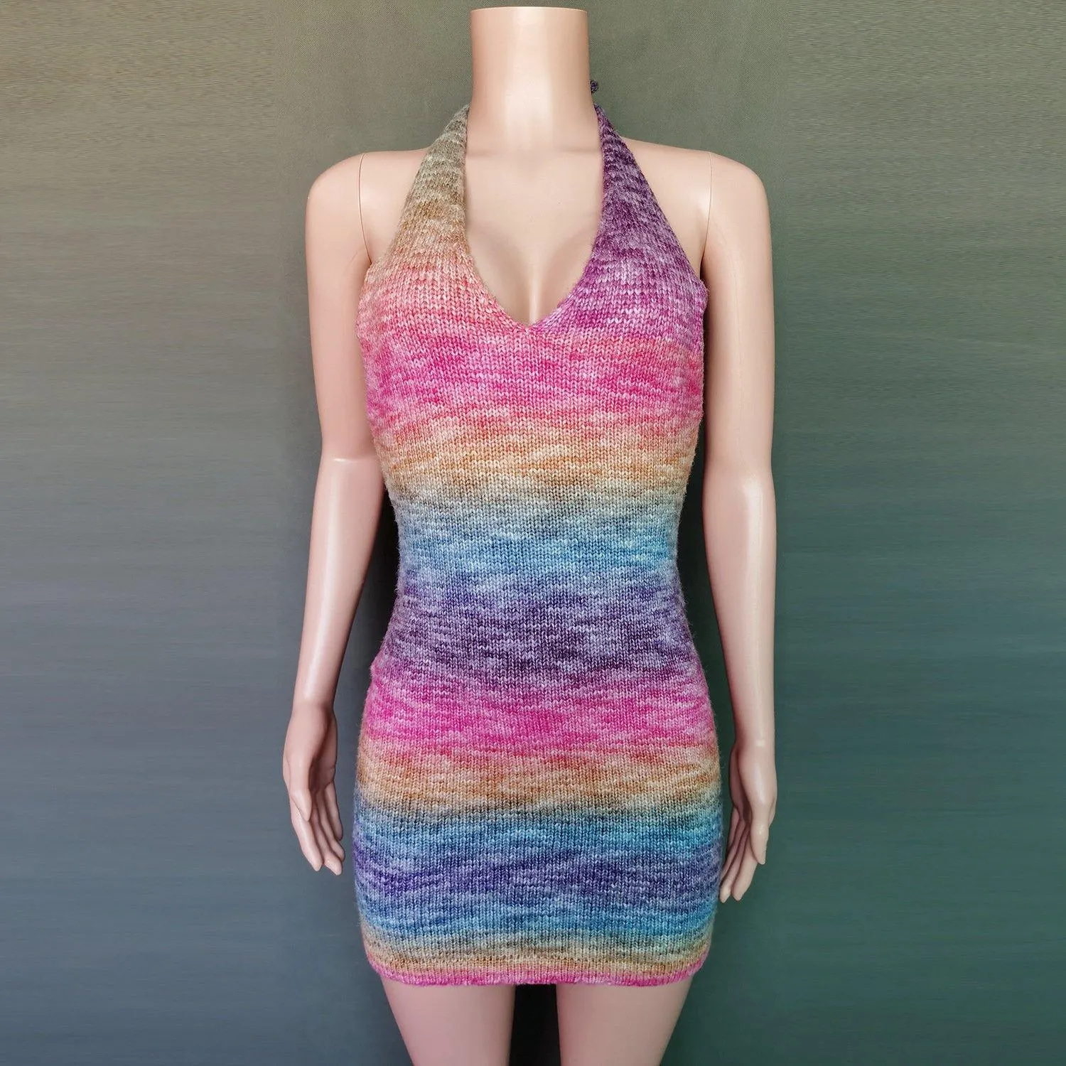Sexy  Deep V-neck Rainbow Knitting Dresses
