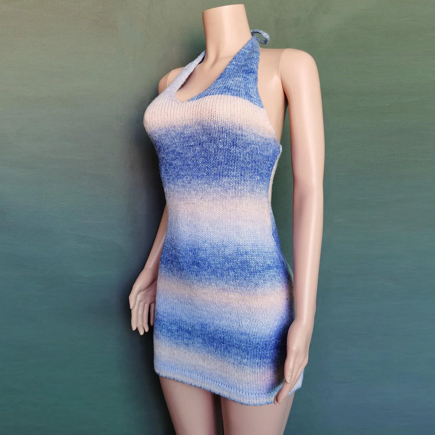 Sexy  Deep V-neck Rainbow Knitting Dresses