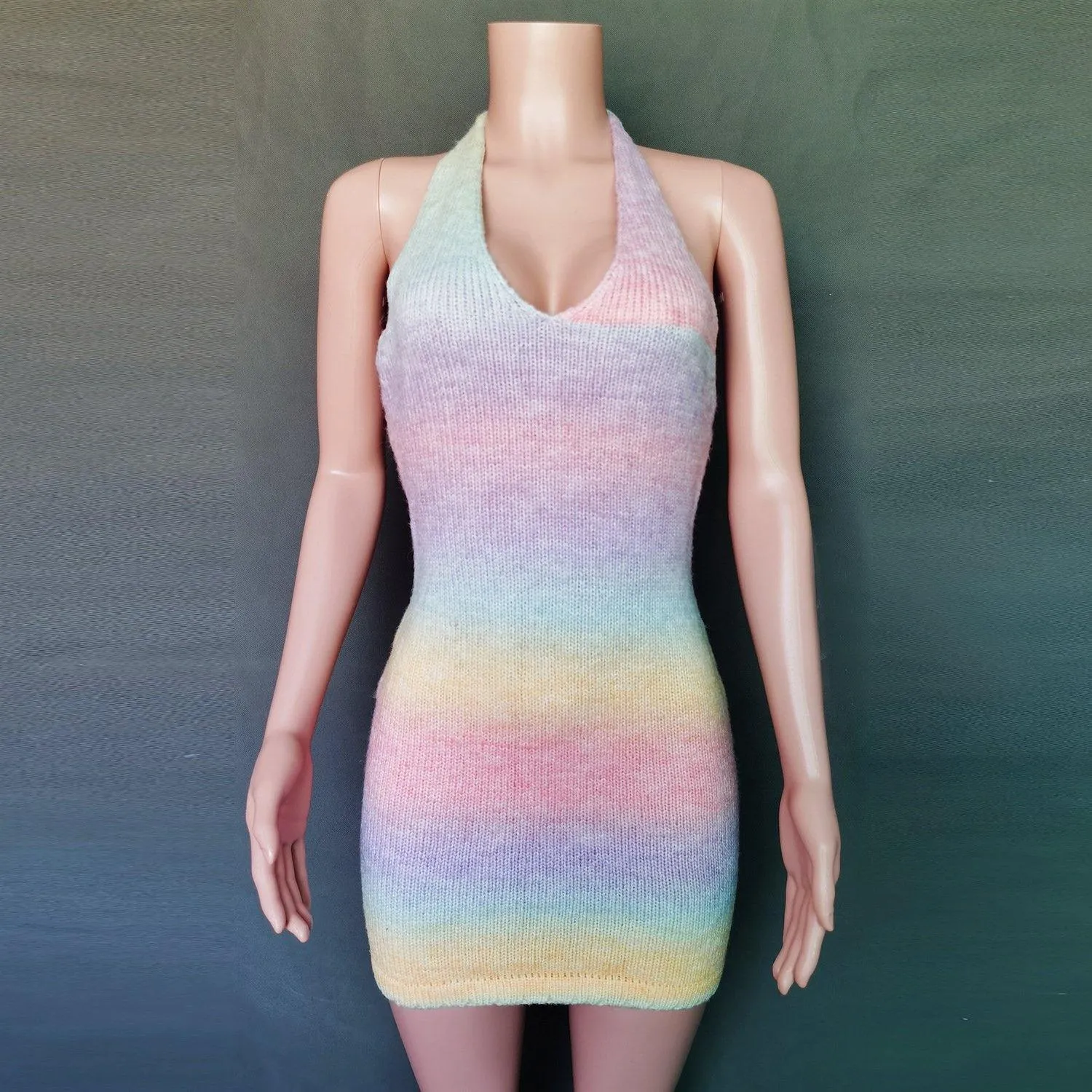 Sexy  Deep V-neck Rainbow Knitting Dresses
