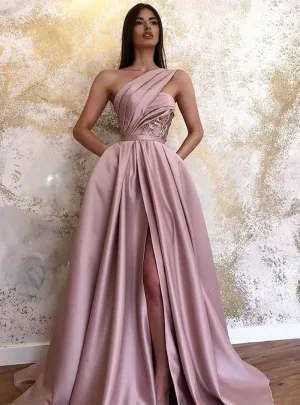 Sexy high slit slanted shoulder floor-length evening dress