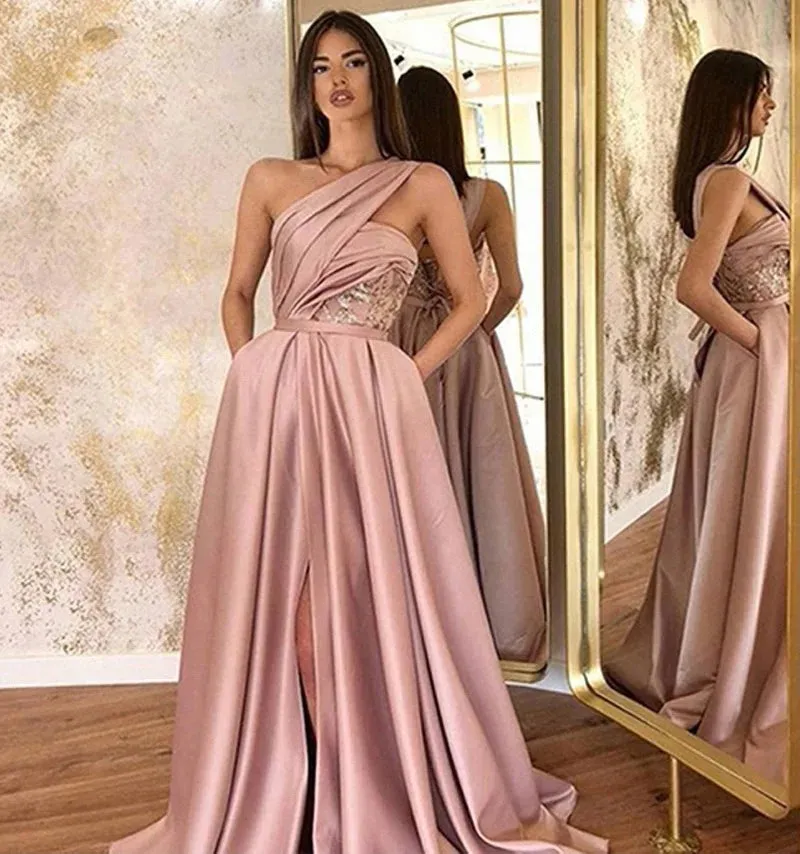 Sexy high slit slanted shoulder floor-length evening dress