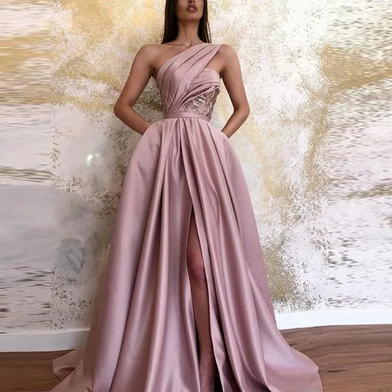 Sexy high slit slanted shoulder floor-length evening dress