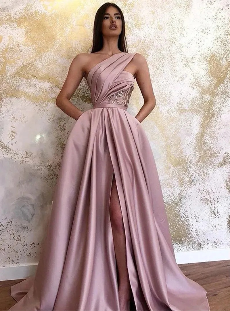 Sexy high slit slanted shoulder floor-length evening dress