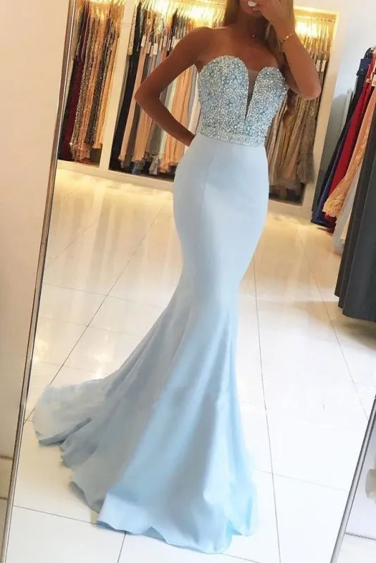 Sexy Light Blue Beading Strapless Long Prom Dresses Sparkle Mermaid Party Gown